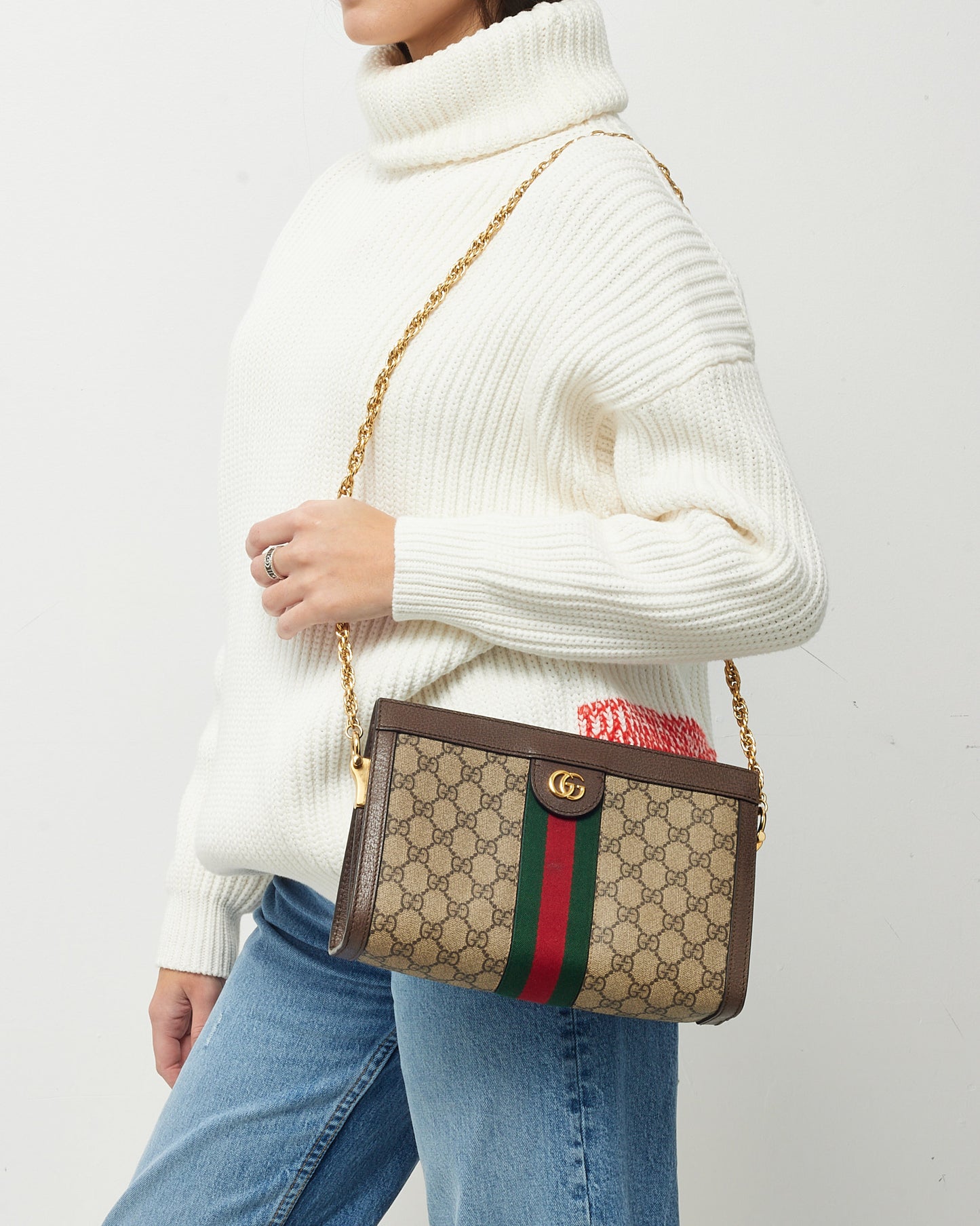 Gucci Beige & Ebony GG Supreme Monogram Canvas Ophidia Medium Chain Shoulder Bag