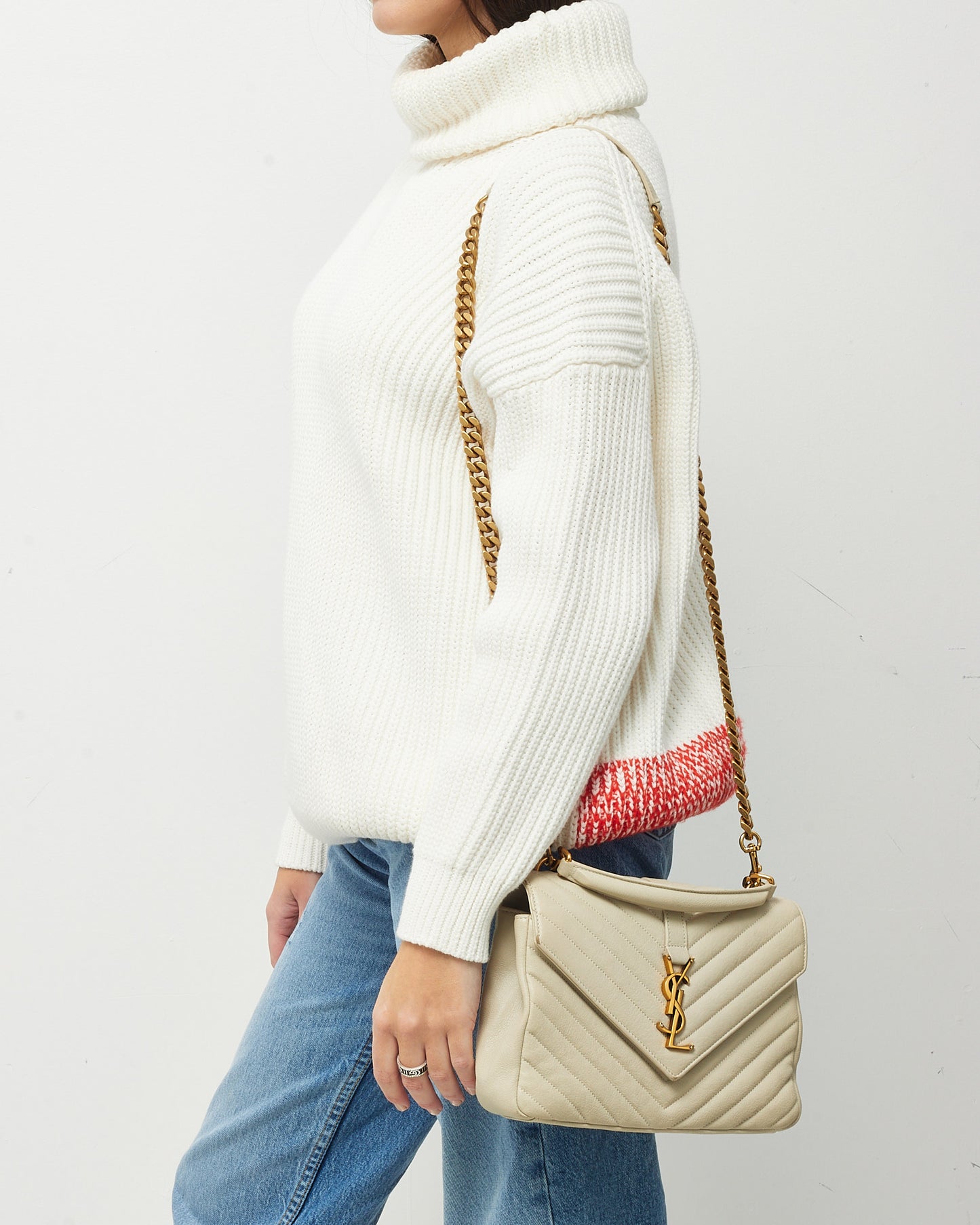 Saint Laurent Off-White Quilted Chevron Leather Medium College Bag GHW