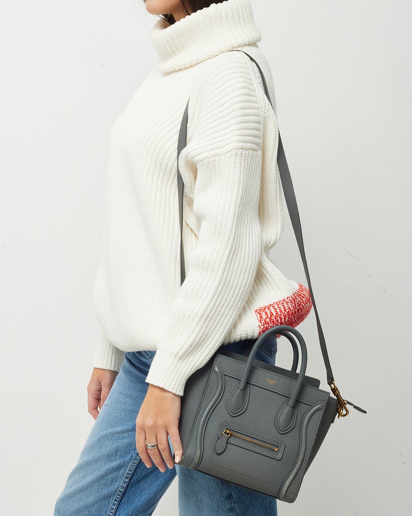 Celine Grey Drummed Leather Nano Luggage Bag with Strap