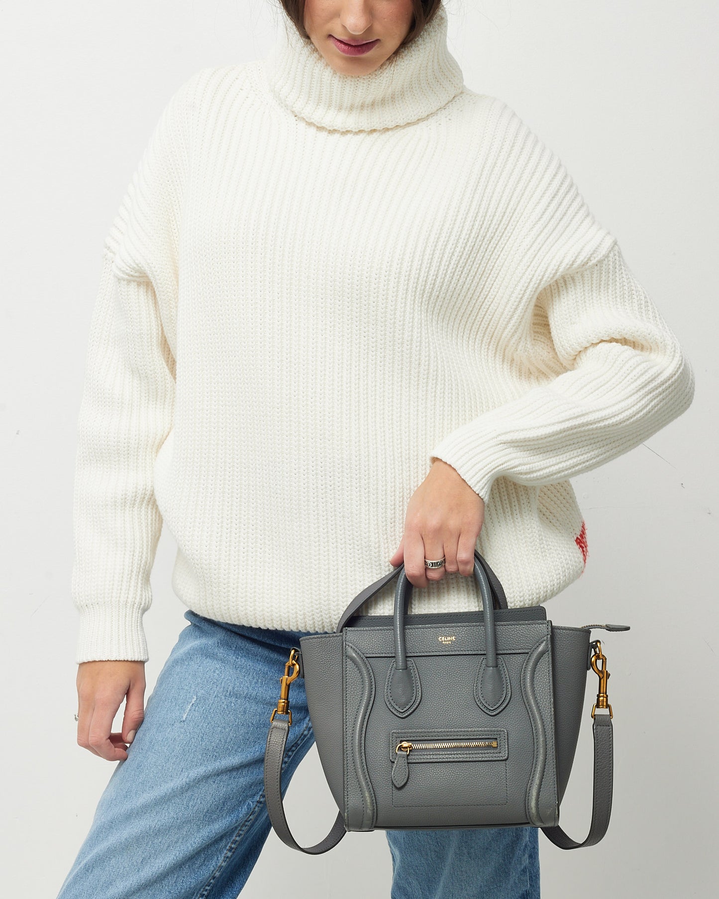 Celine Grey Drummed Leather Nano Luggage Bag with Strap