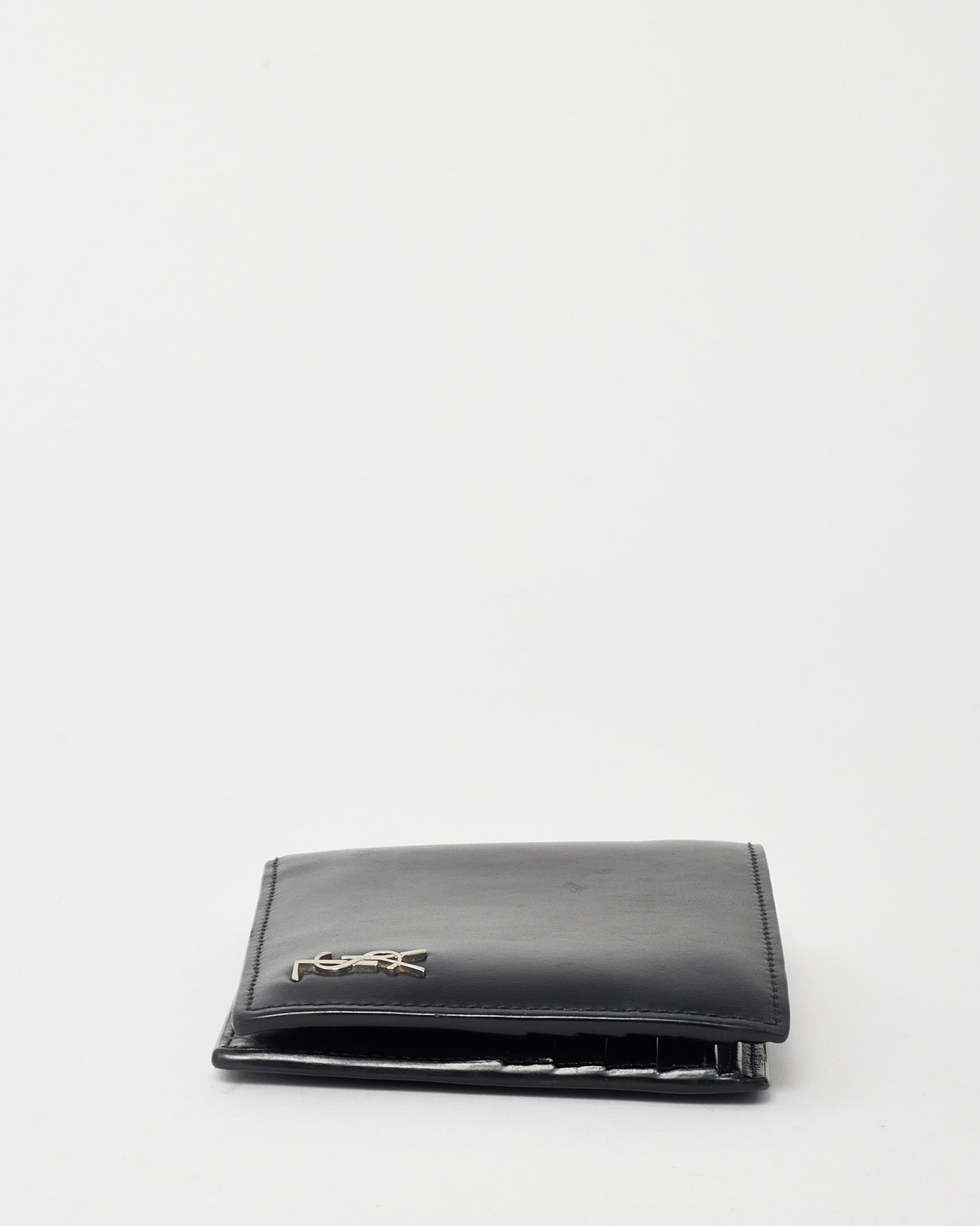 Saint Laurent Black Shiny Smooth Leather YSL Tiny Cassandre E/W Wallet SHW
