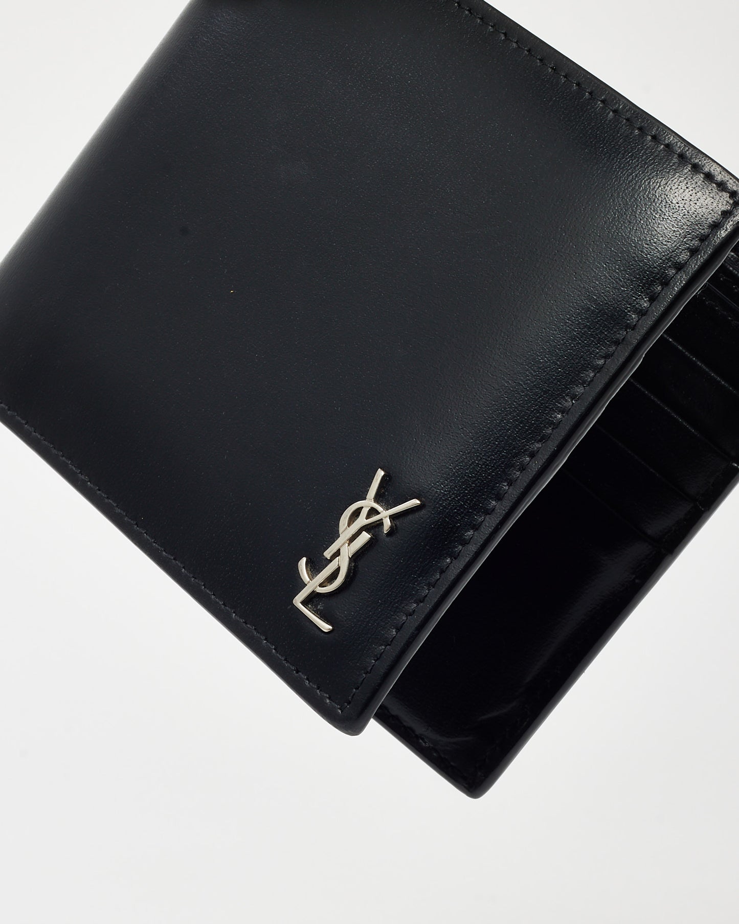 Saint Laurent Black Shiny Smooth Leather YSL Tiny Cassandre E/W Wallet SHW