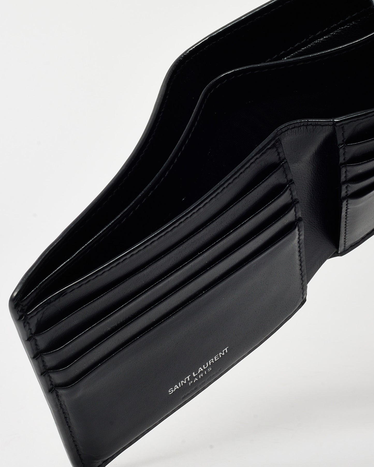 Saint Laurent Black Shiny Smooth Leather YSL Tiny Cassandre E/W Wallet SHW