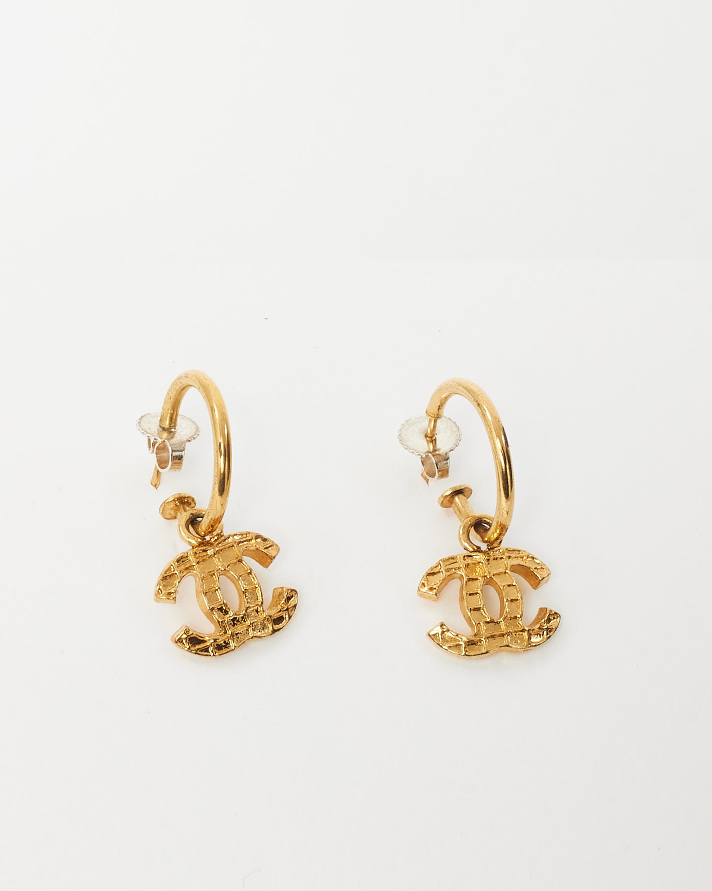 Chanel Gold Texture Metal Dangle Coco Mark CC Logo Hoop Earrings