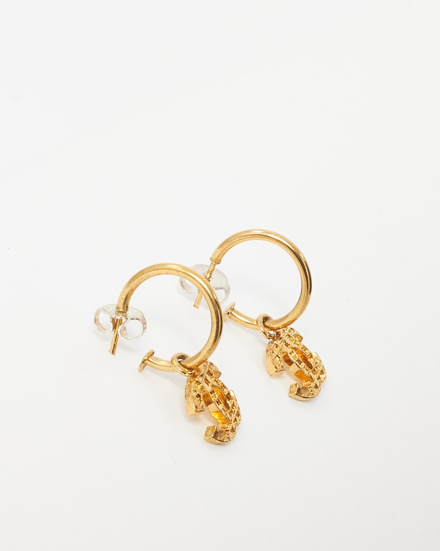 Chanel Gold Texture Metal Dangle Coco Mark CC Logo Hoop Earrings