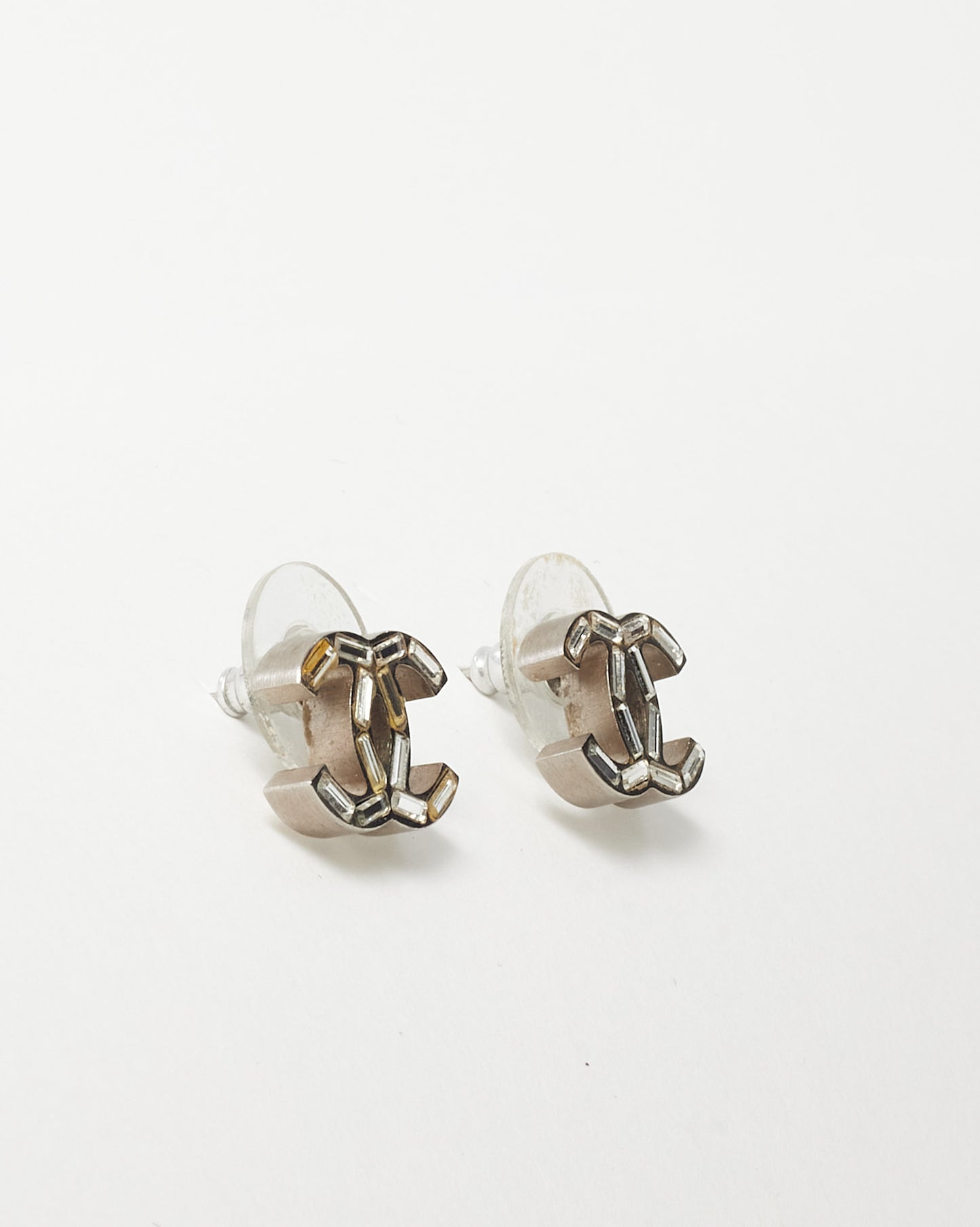 Chanel Silver Crystal Baguette CC Logo Stud Earrings (missing crystals)