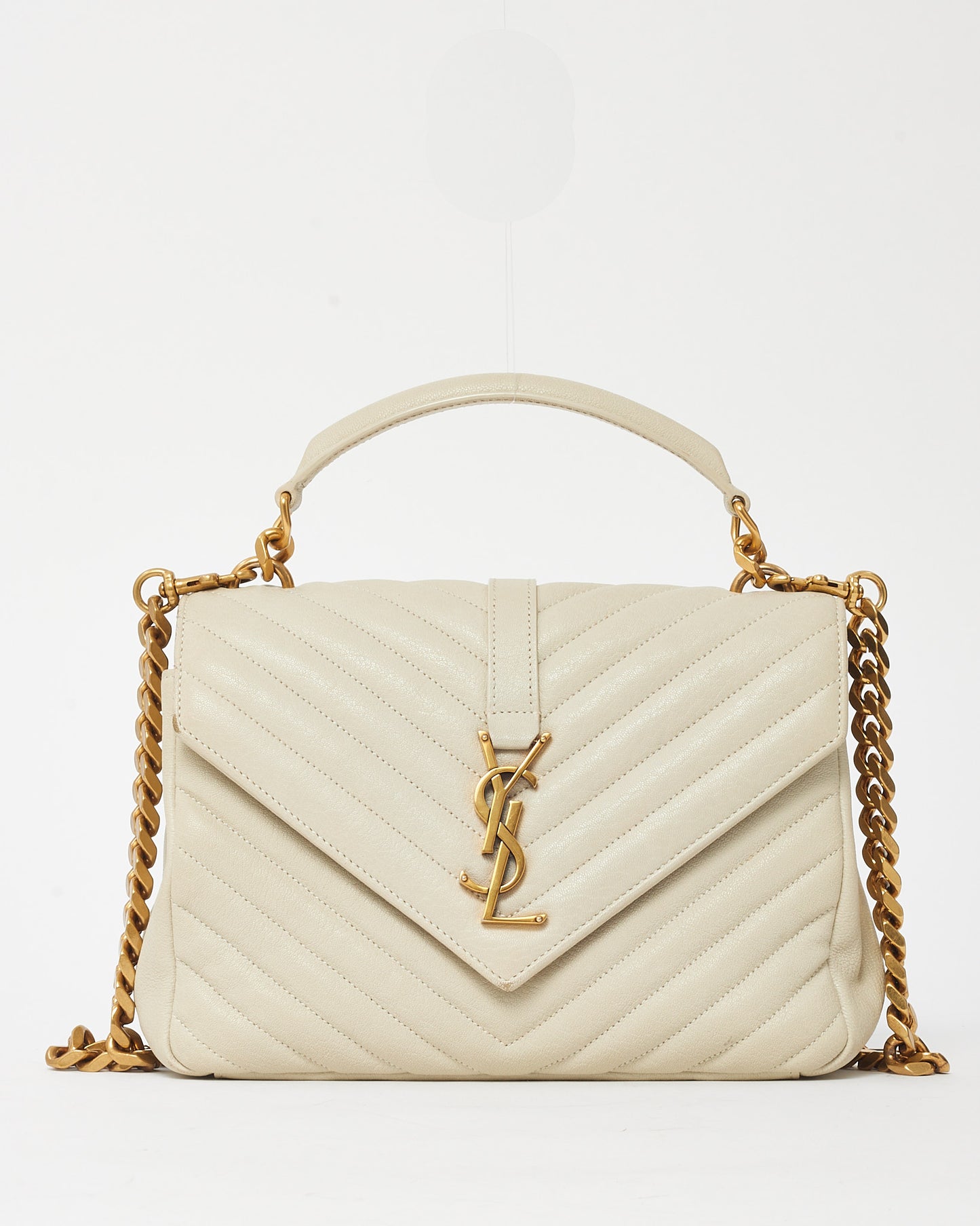 Saint Laurent Off-White Quilted Chevron Leather Medium College Bag GHW