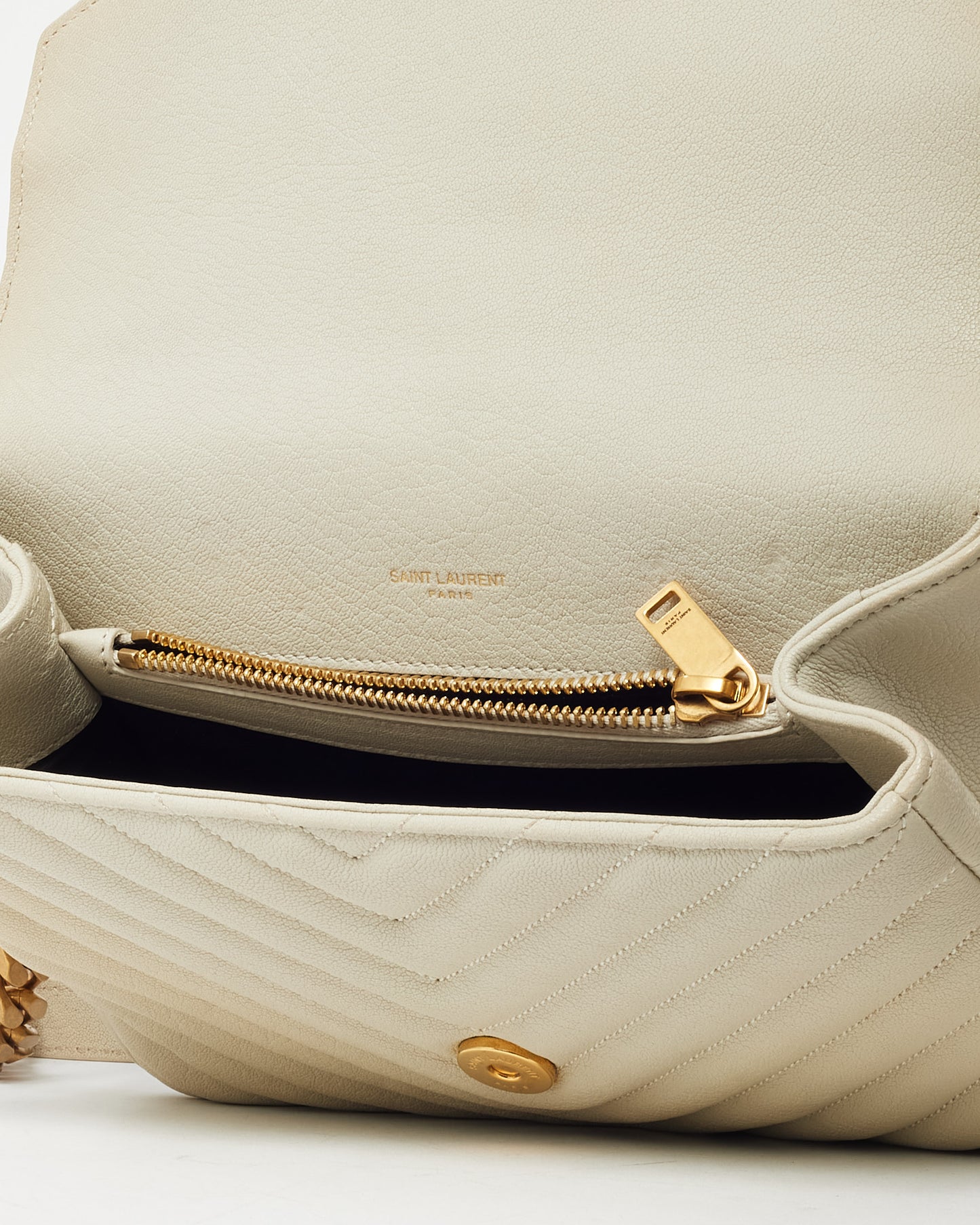 Saint Laurent Off-White Quilted Chevron Leather Medium College Bag GHW