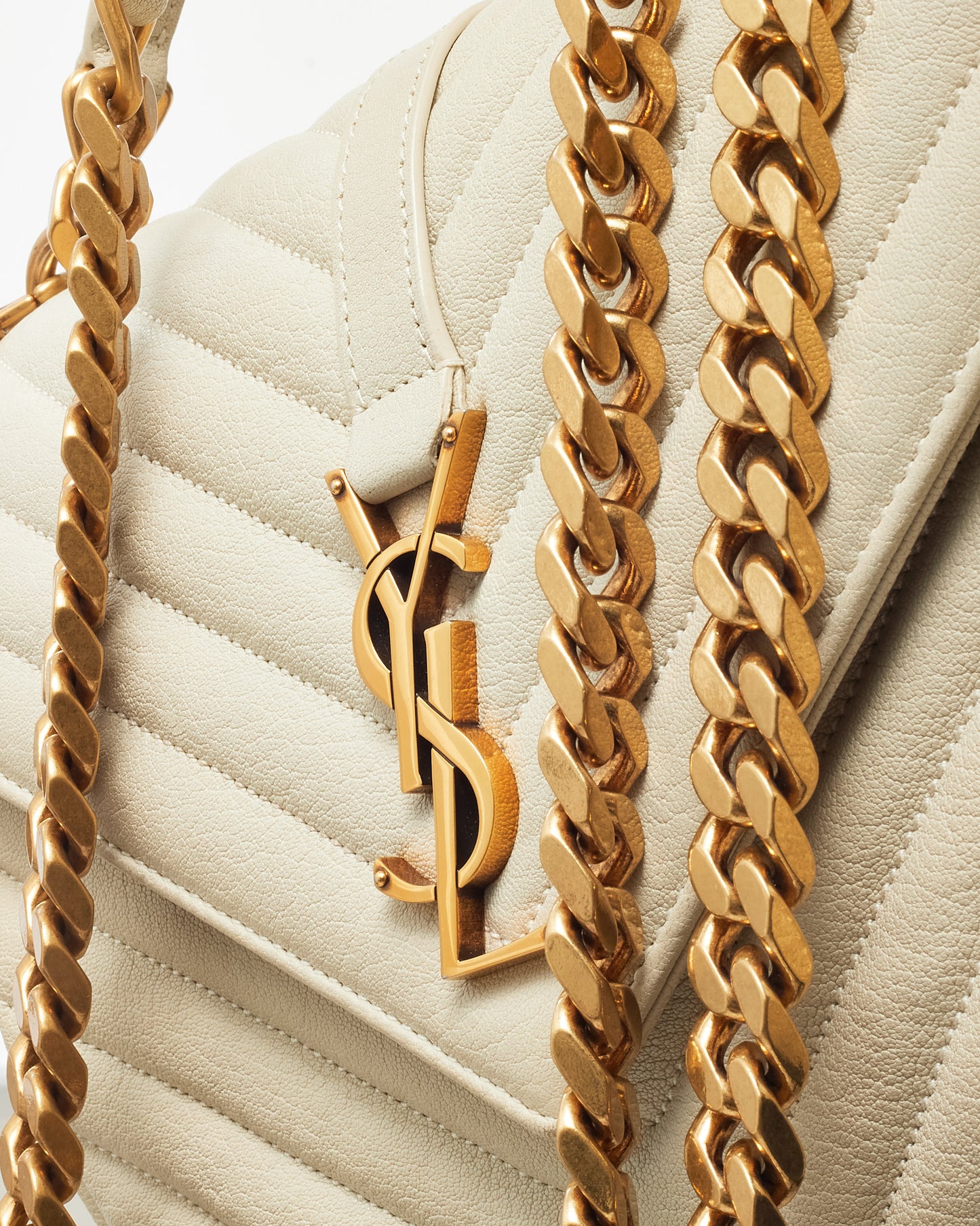 Saint Laurent Off-White Quilted Chevron Leather Medium College Bag GHW