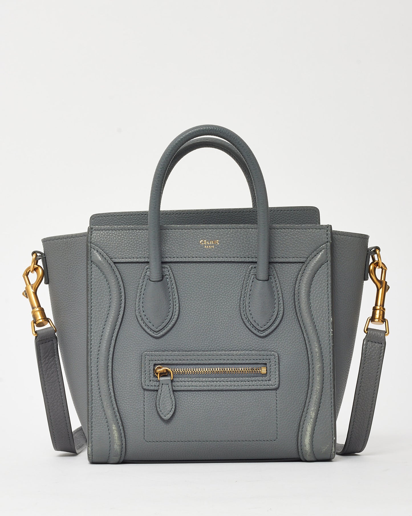 Celine Grey Drummed Leather Nano Luggage Bag with Strap