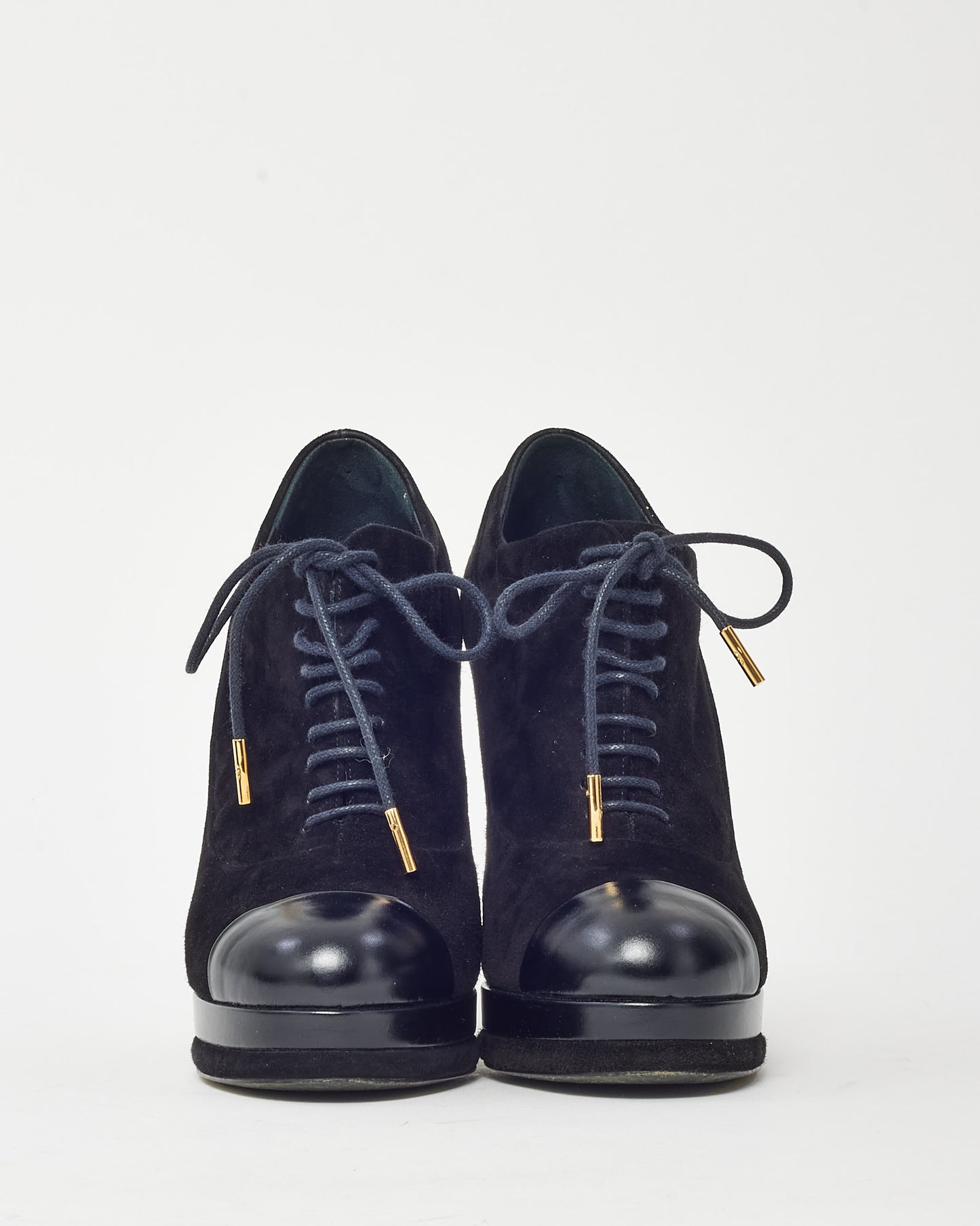 Chanel Black Suede Gold CC Logo Heel Lace Up Platform Booties - 38