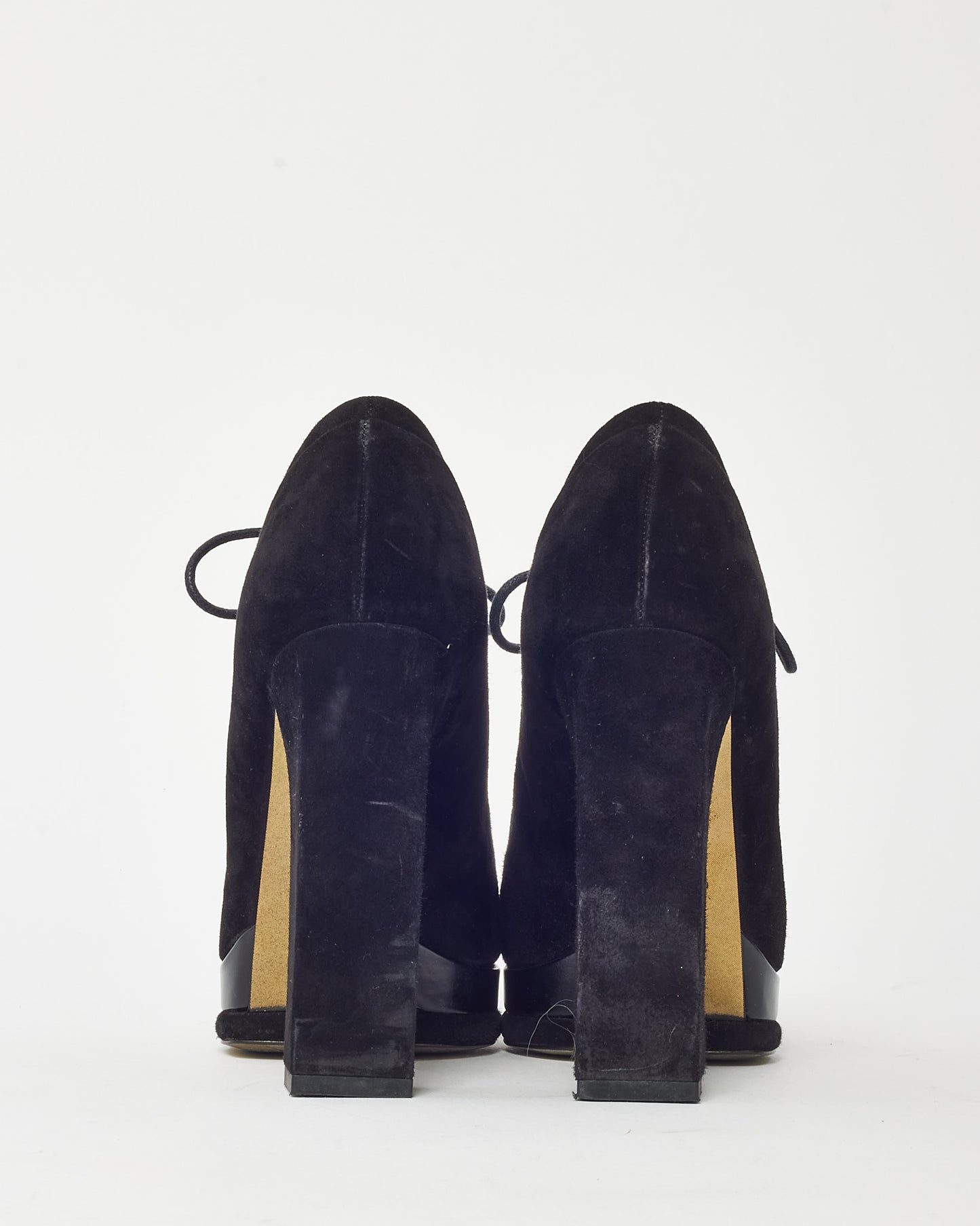 Chanel Black Suede Gold CC Logo Heel Lace Up Platform Booties - 38