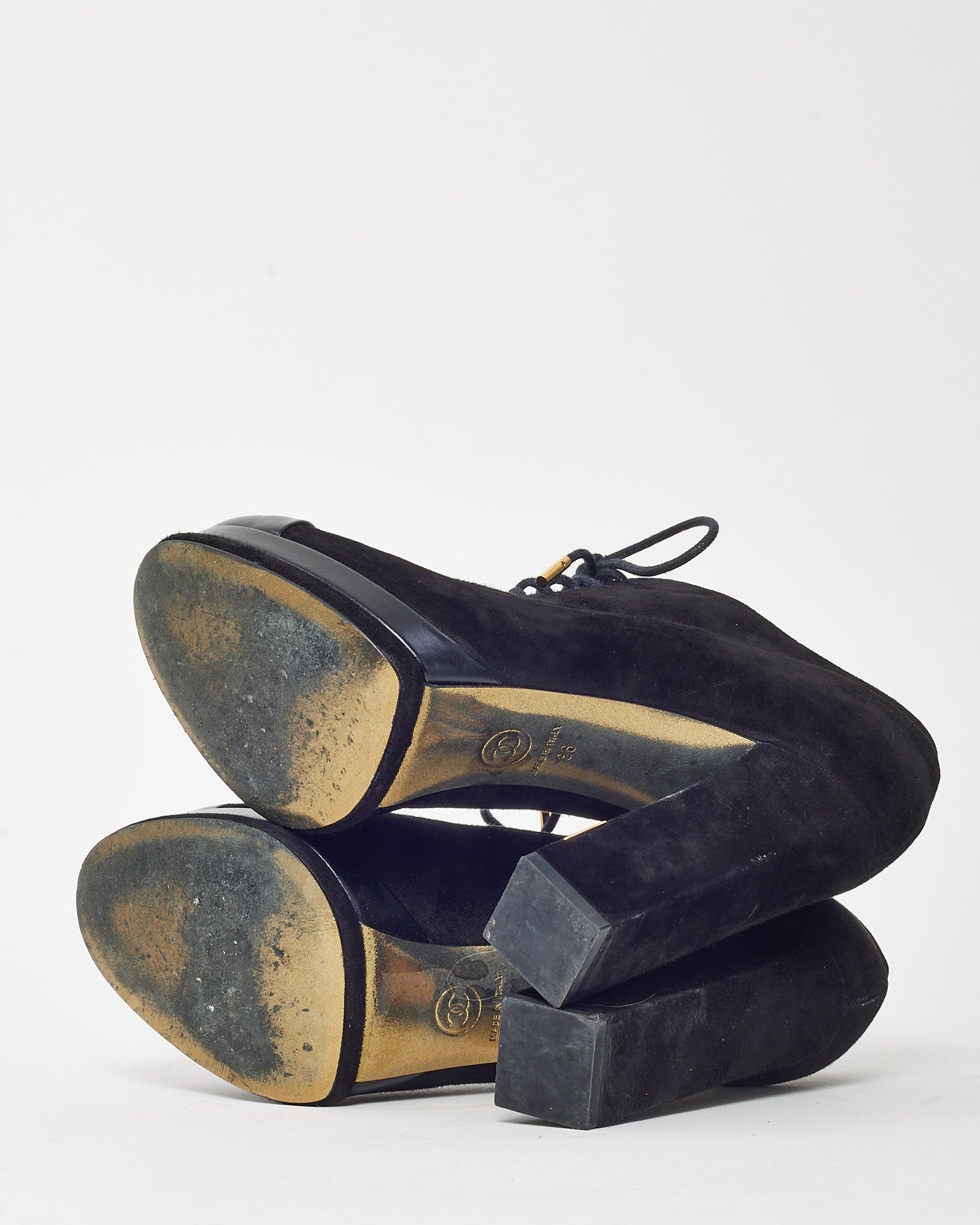 Chanel Black Suede Gold CC Logo Heel Lace Up Platform Booties - 38
