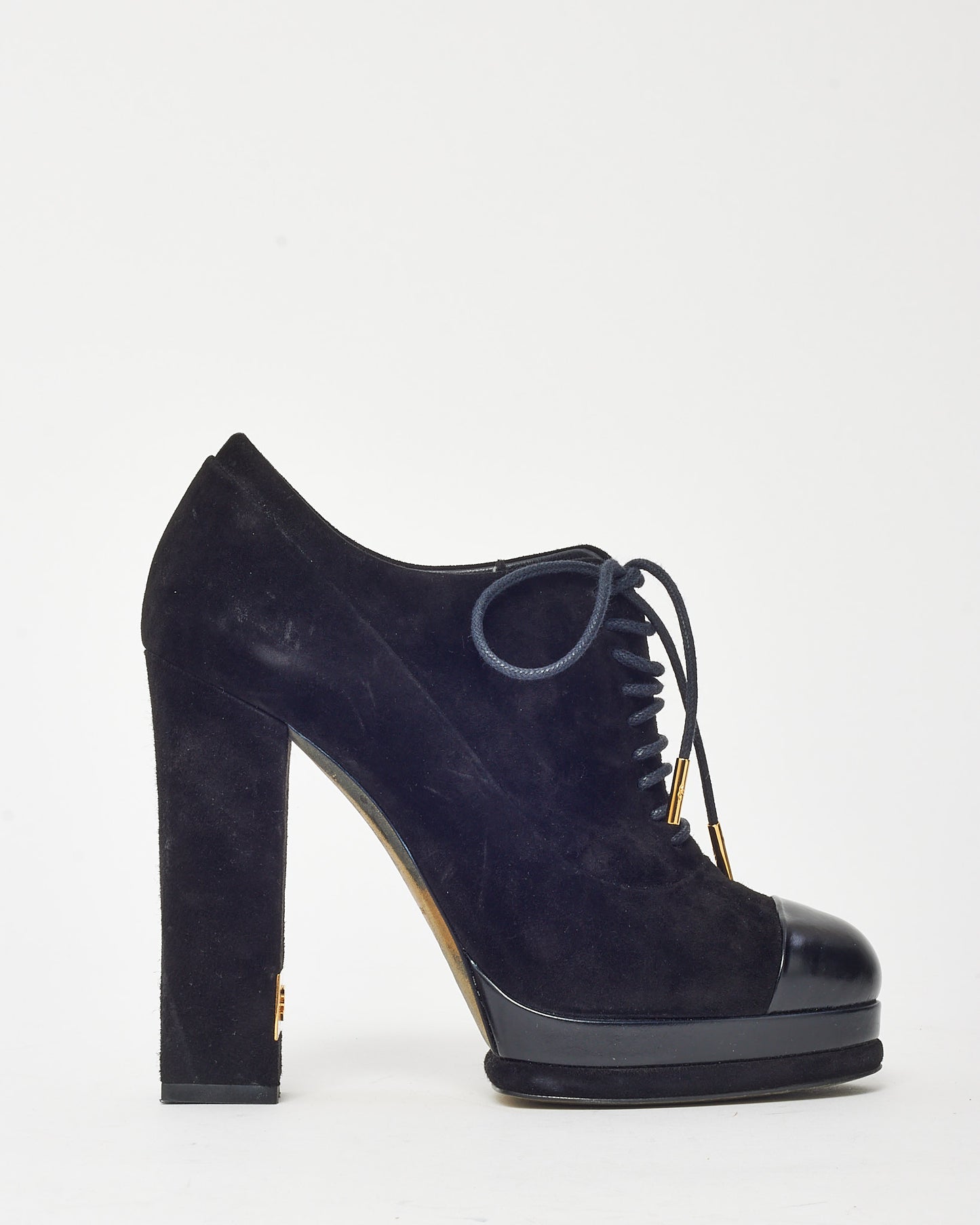 Chanel Black Suede Gold CC Logo Heel Lace Up Platform Booties - 38