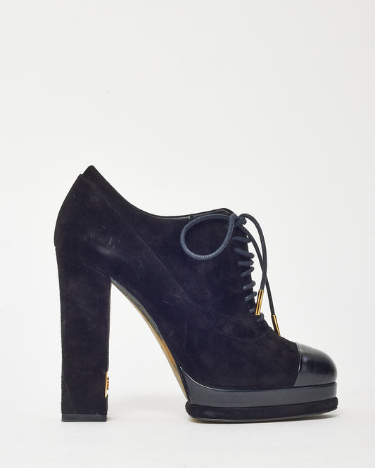 Chanel Black Suede Gold CC Logo Heel Lace Up Platform Booties - 38