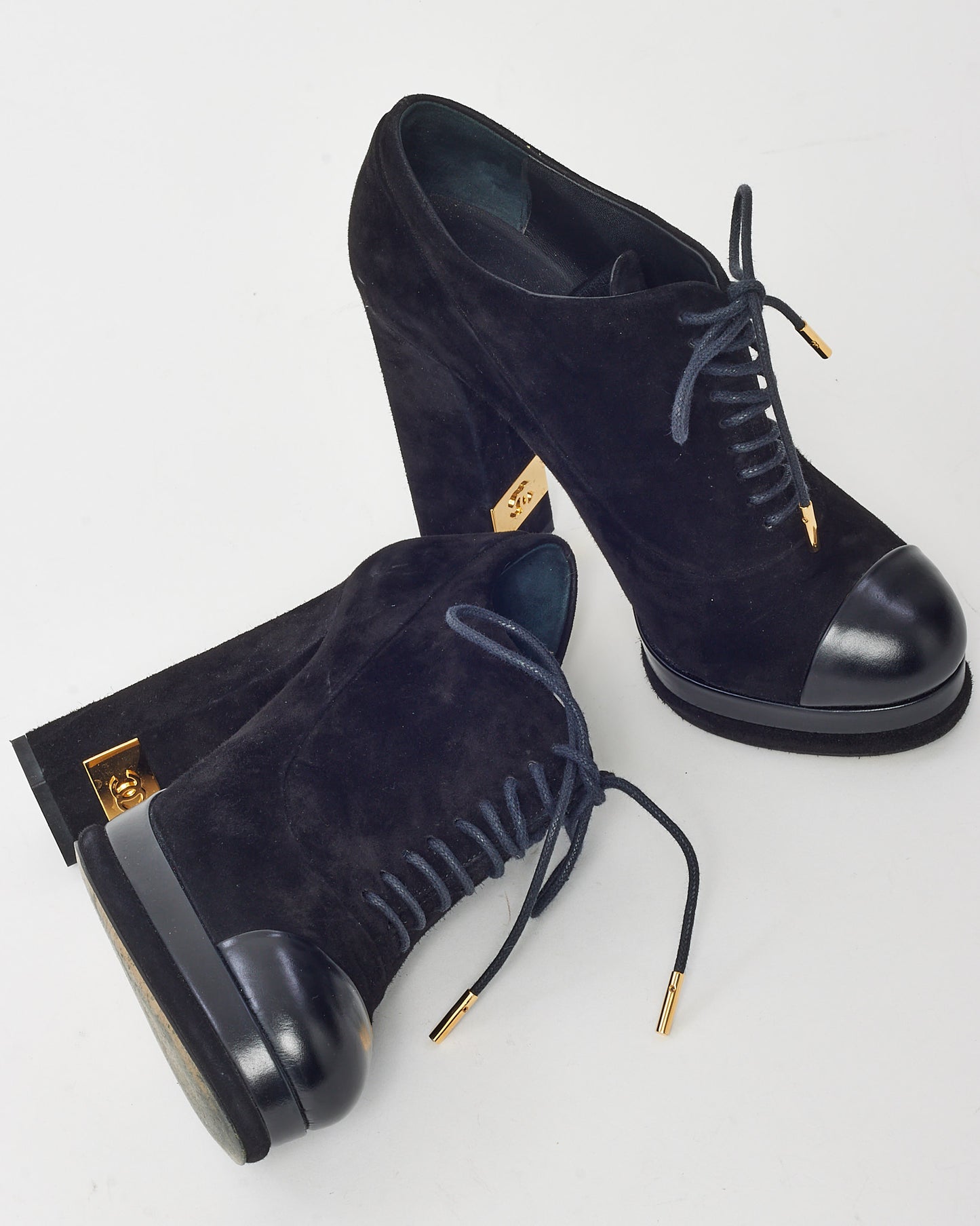 Chanel Black Suede Gold CC Logo Heel Lace Up Platform Booties - 38