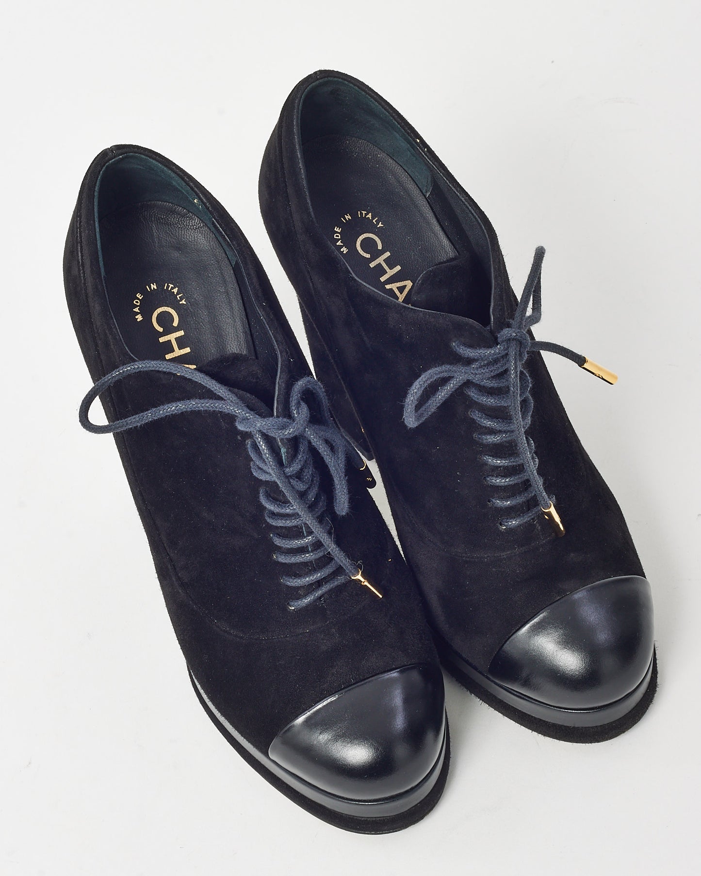 Chanel Black Suede Gold CC Logo Heel Lace Up Platform Booties - 38