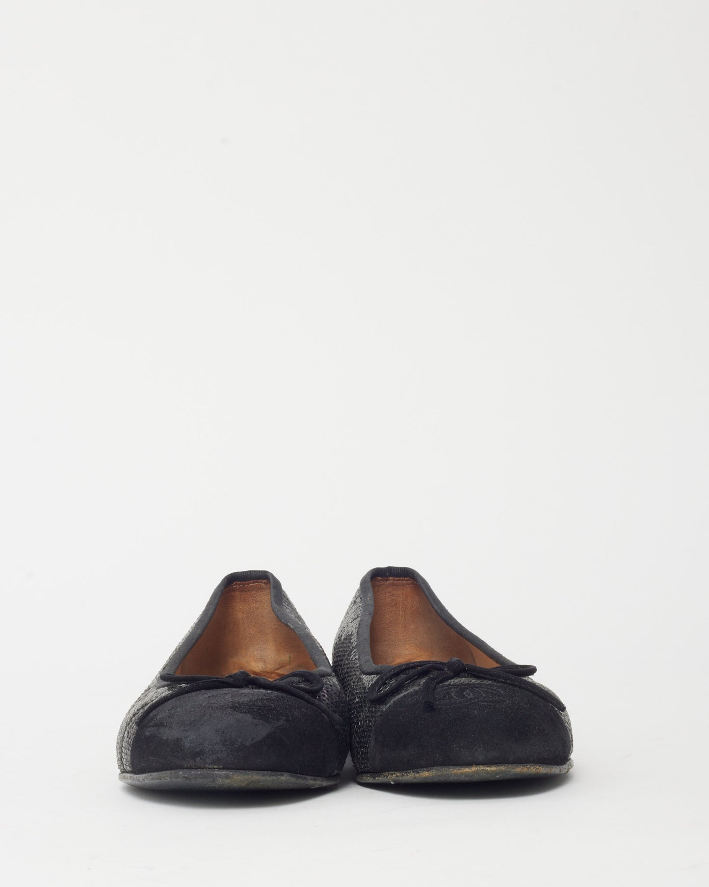 Chanel Black Sequin & Suede CC Logo Cap-Toe Ballerina Flats - 39