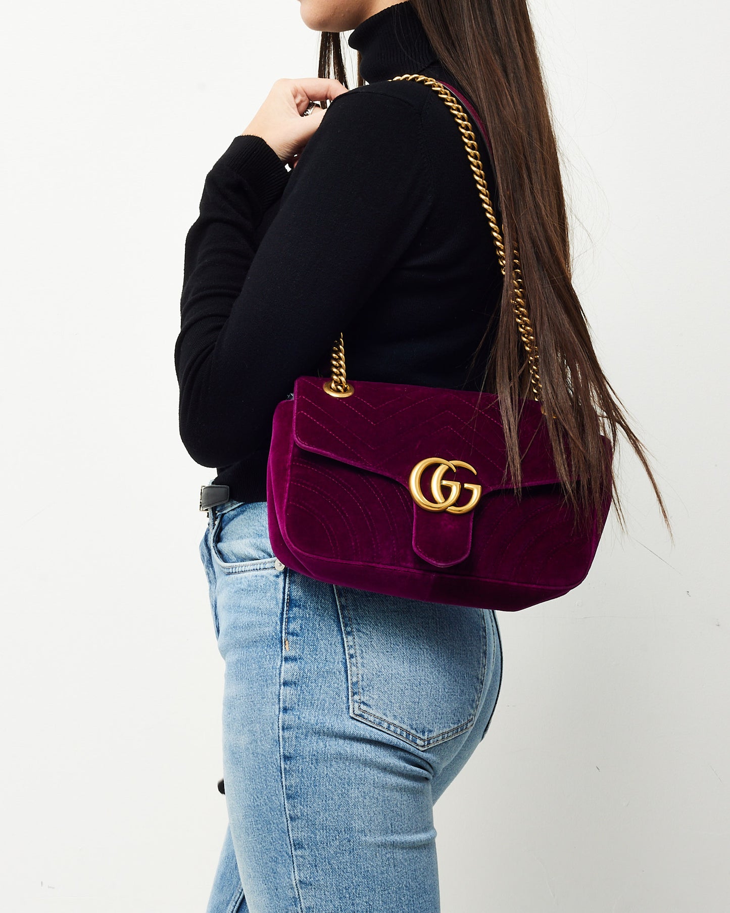 Gucci Fuchsia Matelassé Velvet Small GG Marmont Shoulder Bag