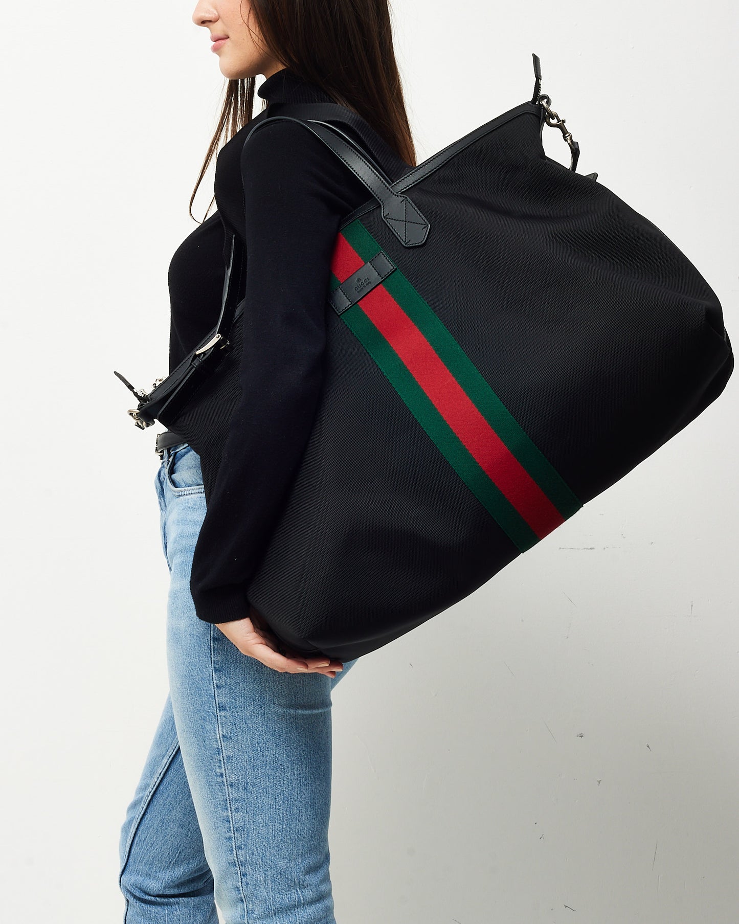 Gucci Black Web Techno Canvas Dome Duffle Bag with Strap