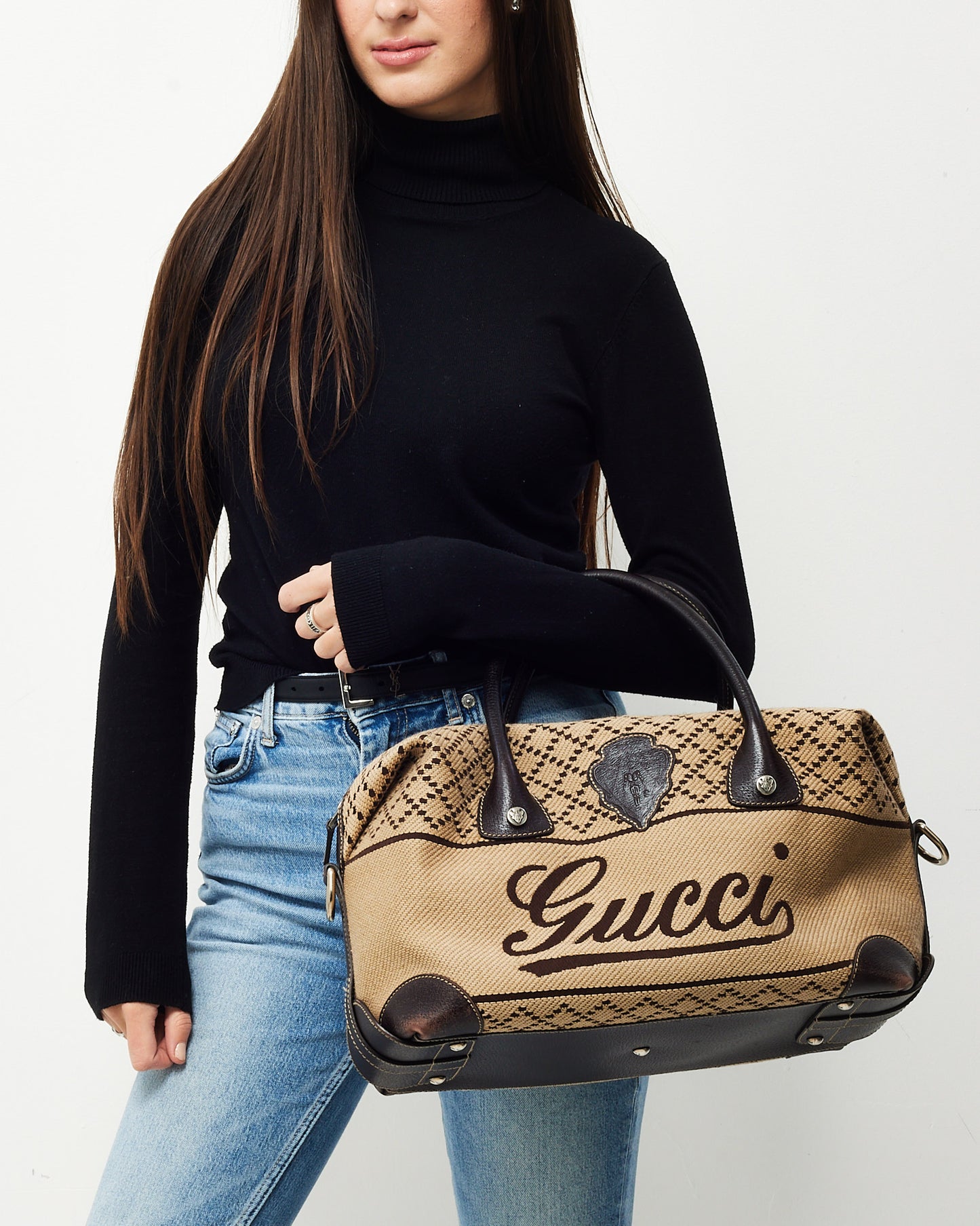 Gucci Beige Jacquard Diamante Canvas Logo Hysteria Large Boston Bag