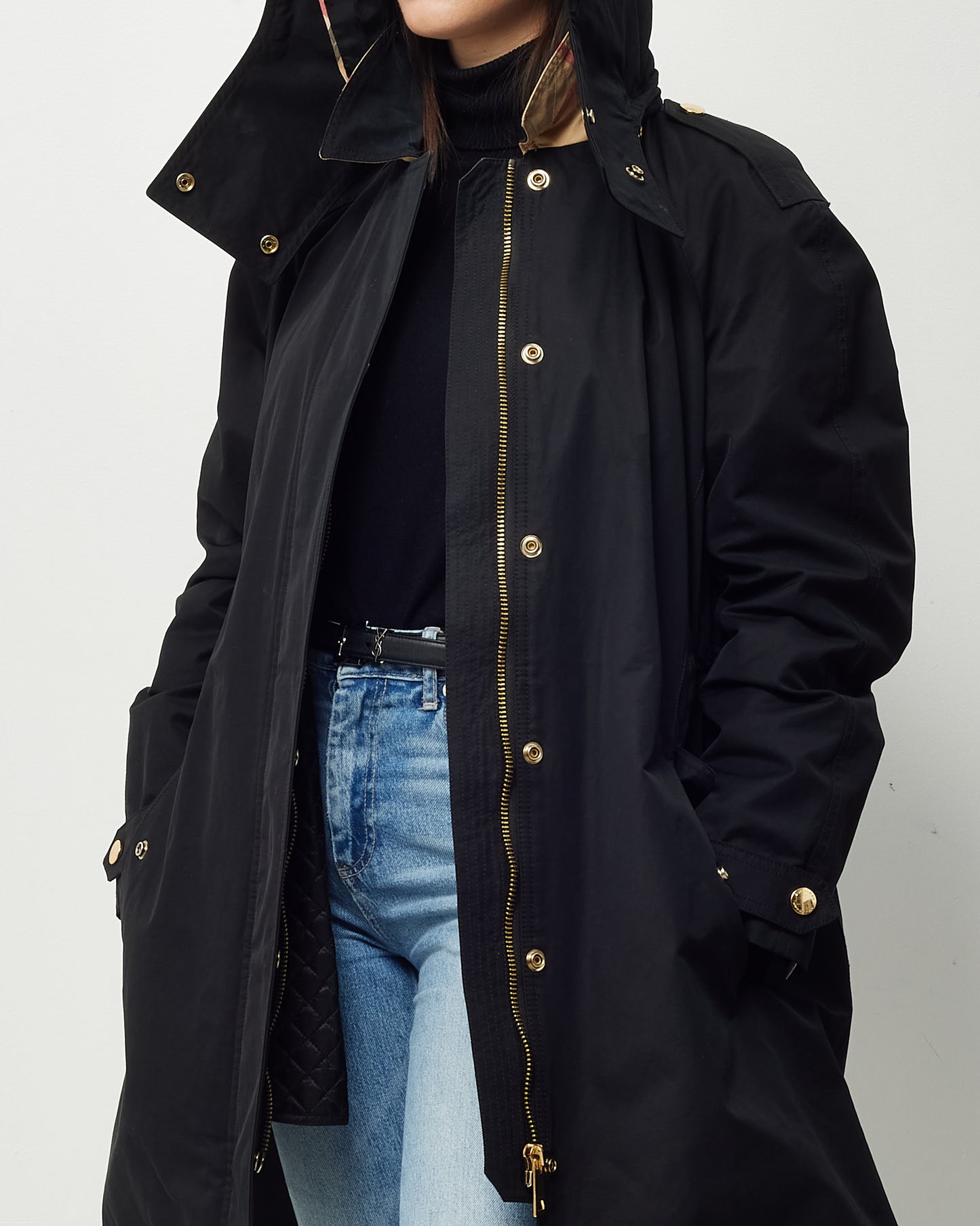 Burberry Black Fabric and Padded Lining Cinched Waist Hooded Coat - US 12