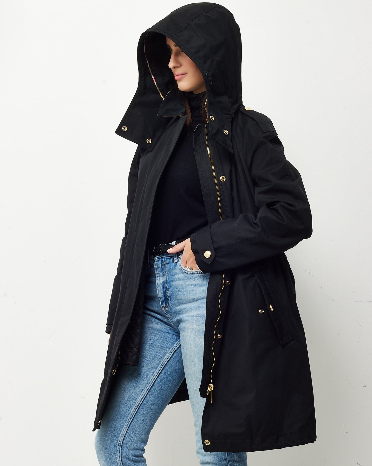 Burberry Black Fabric and Padded Lining Cinched Waist Hooded Coat - US 12