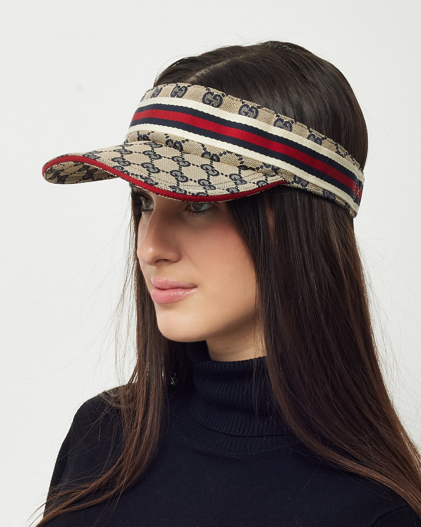 Gucci Beige and Navy GG Monogram Canvas Red and Navy Web Sherry Line Visor - L