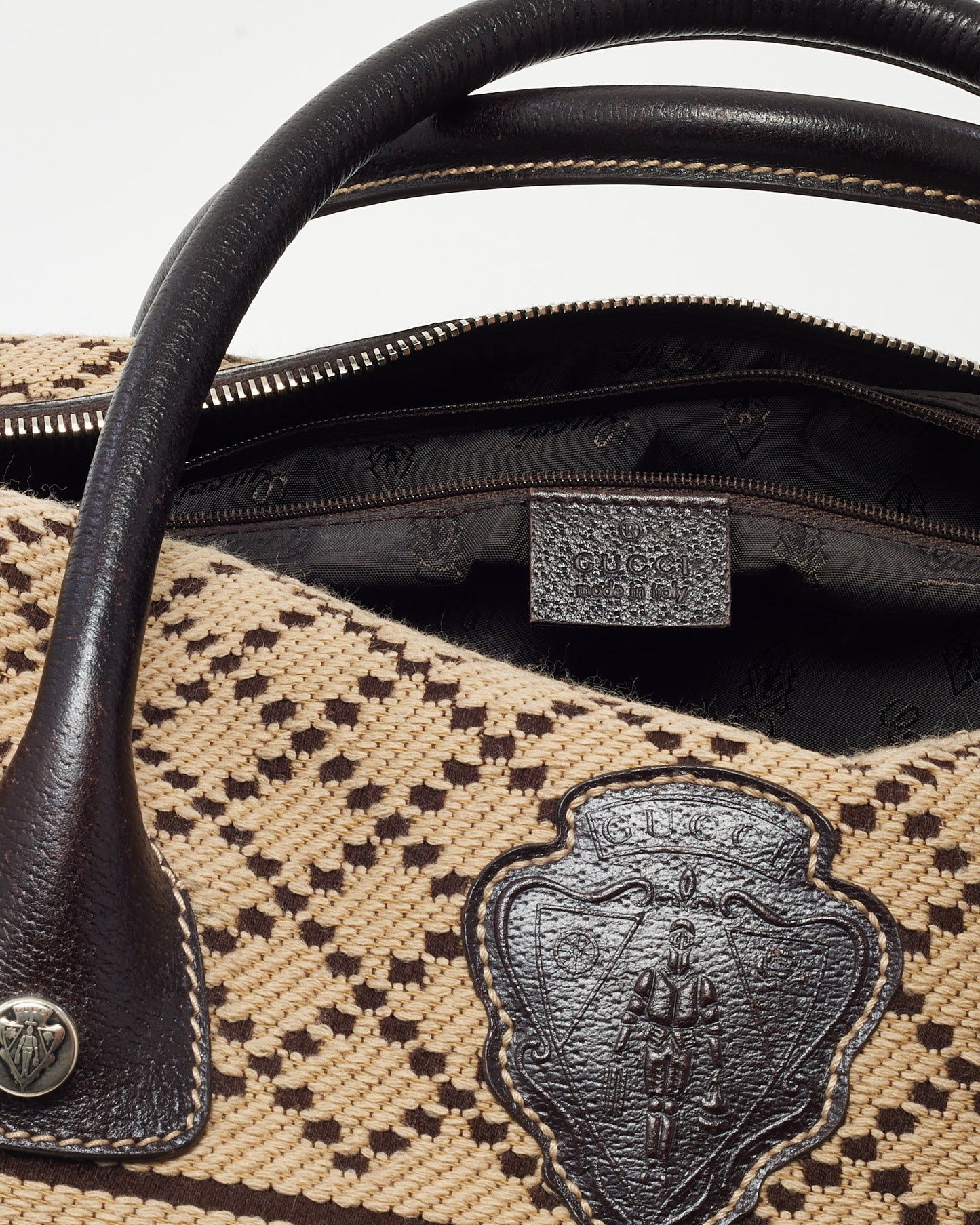 Gucci Beige Jacquard Diamante Canvas Logo Hysteria Large Boston Bag