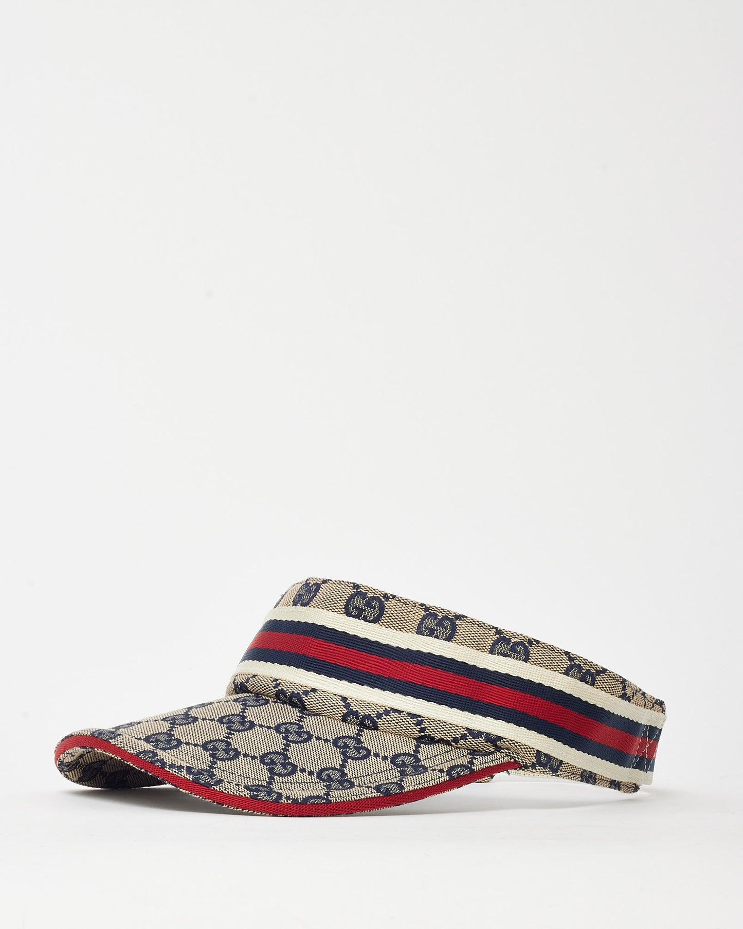 Gucci Beige and Navy GG Monogram Canvas Red and Navy Web Sherry Line Visor - L