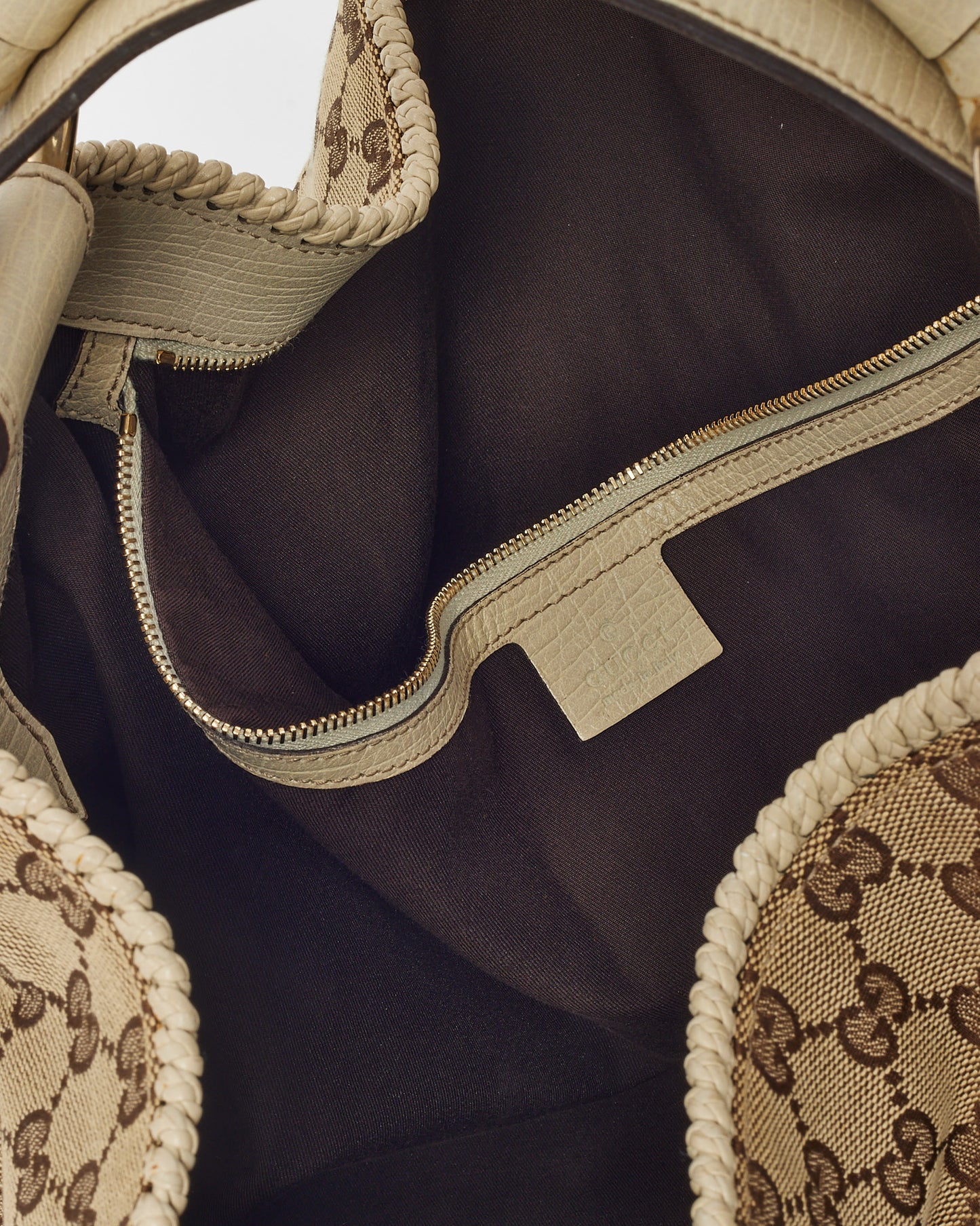 Gucci Beige and Brown GG Monogram Canvas White Leather Horsebit Hobo Shoulder Bag
