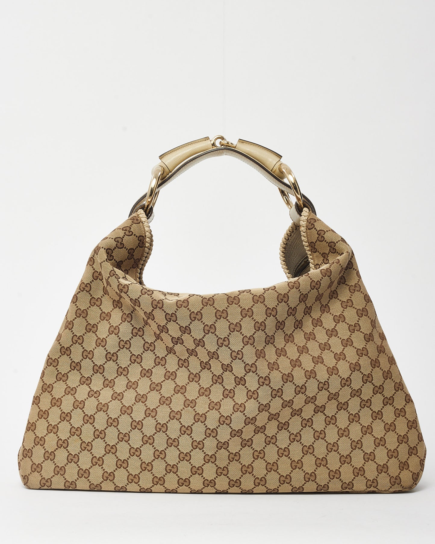 Gucci Beige and Brown GG Monogram Canvas White Leather Horsebit Hobo Shoulder Bag