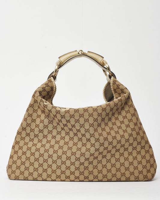 Gucci Beige and Brown GG Monogram Canvas White Leather Horsebit Hobo Shoulder Bag