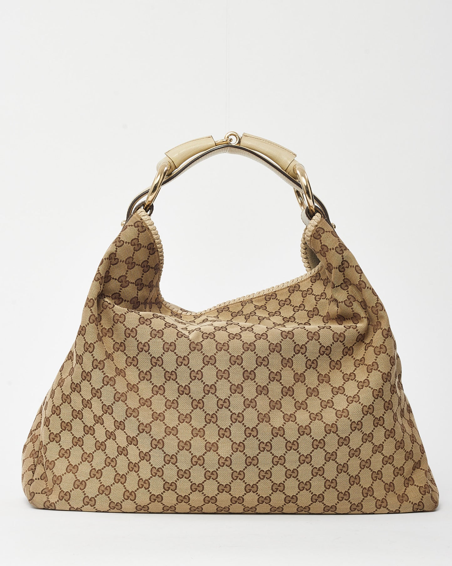 Gucci Beige and Brown GG Monogram Canvas White Leather Horsebit Hobo Shoulder Bag