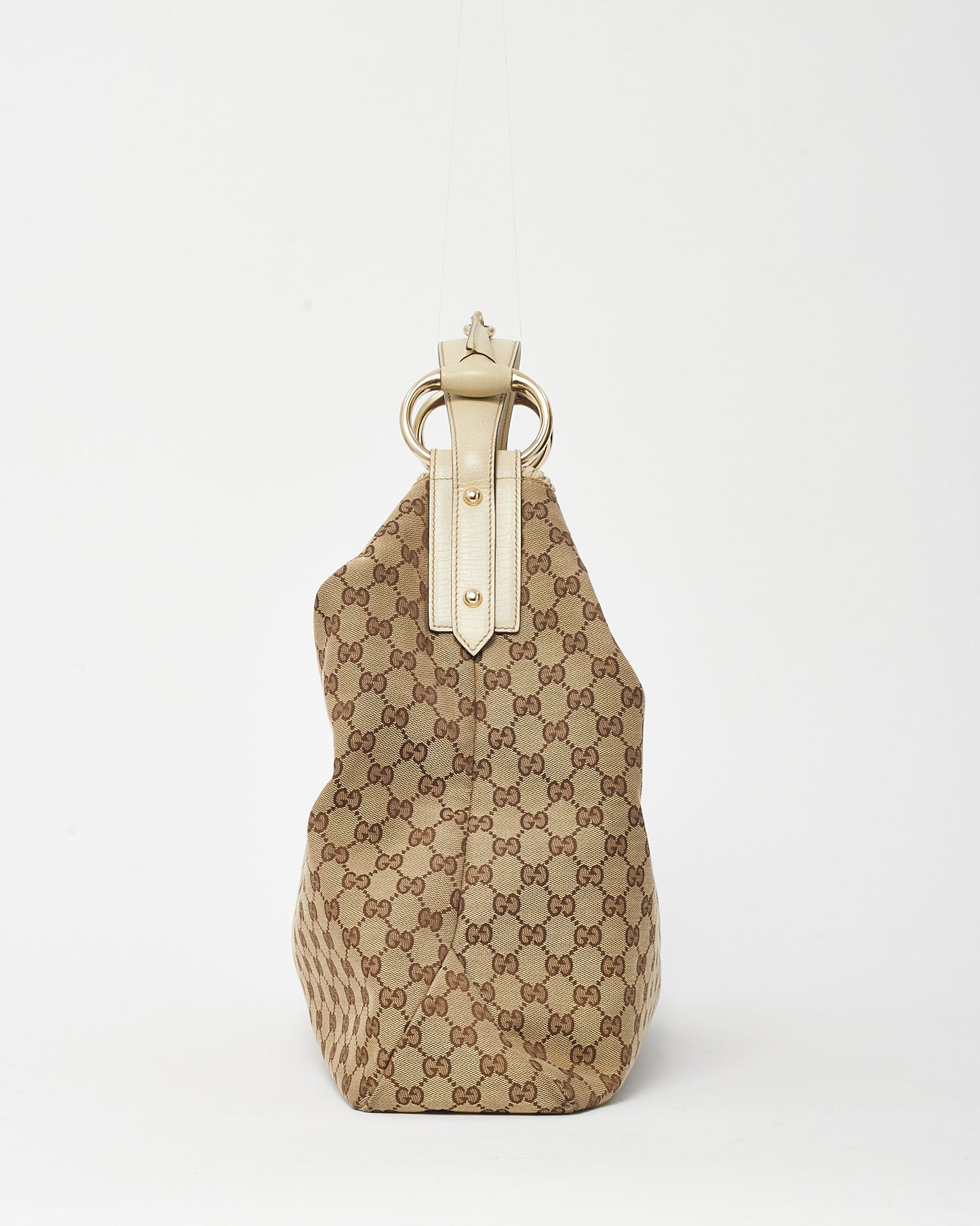 Gucci Beige and Brown GG Monogram Canvas White Leather Horsebit Hobo Shoulder Bag