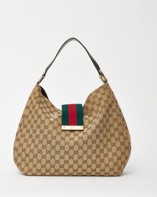 Gucci Beige and Brown GG Monogram Canvas New Ladies Web Large Hobo Bag