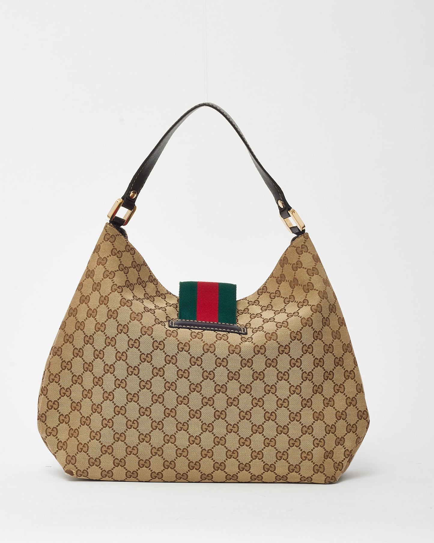 Gucci Beige and Brown GG Monogram Canvas New Ladies Web Large Hobo Bag