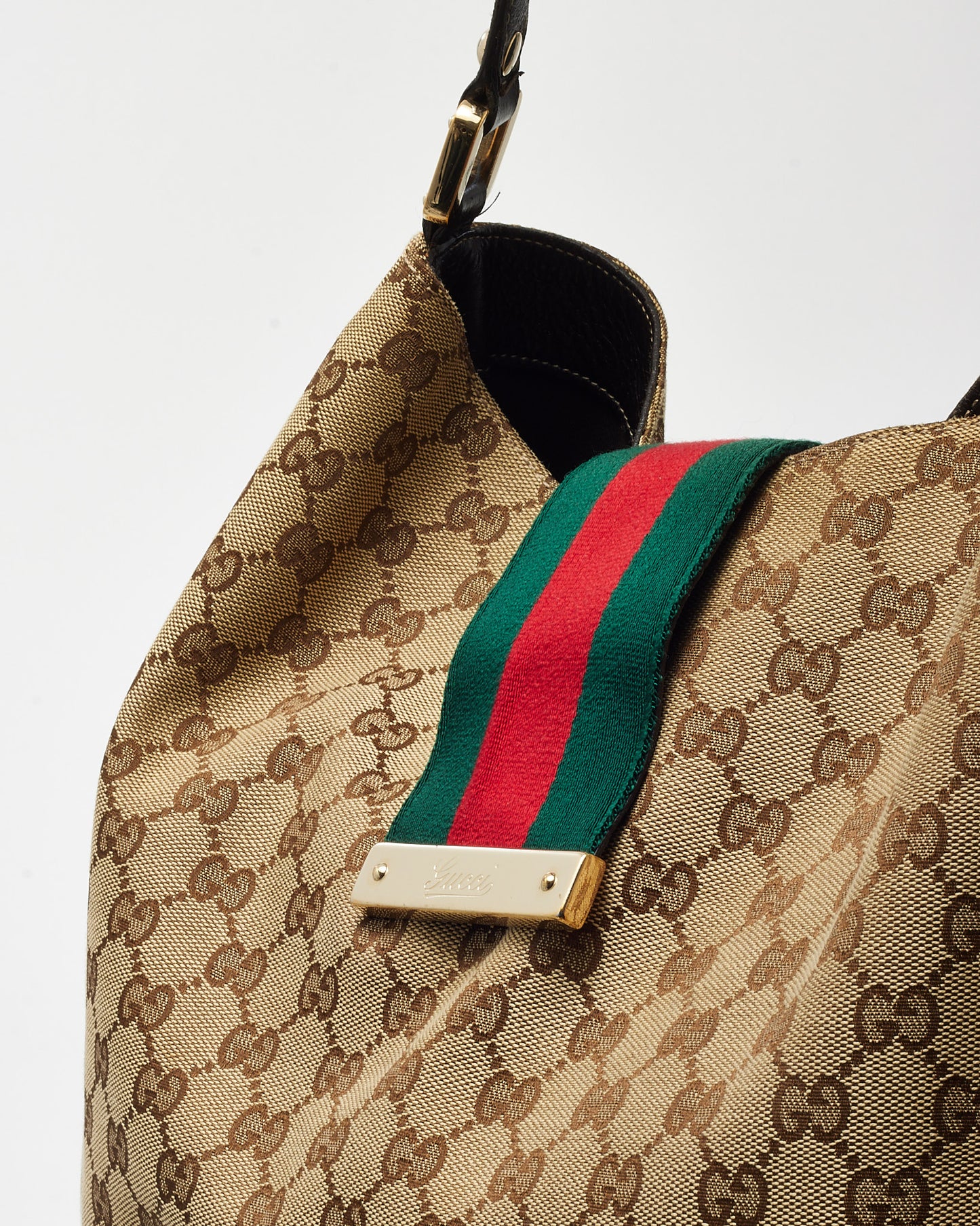 Gucci Beige and Brown GG Monogram Canvas New Ladies Web Large Hobo Bag