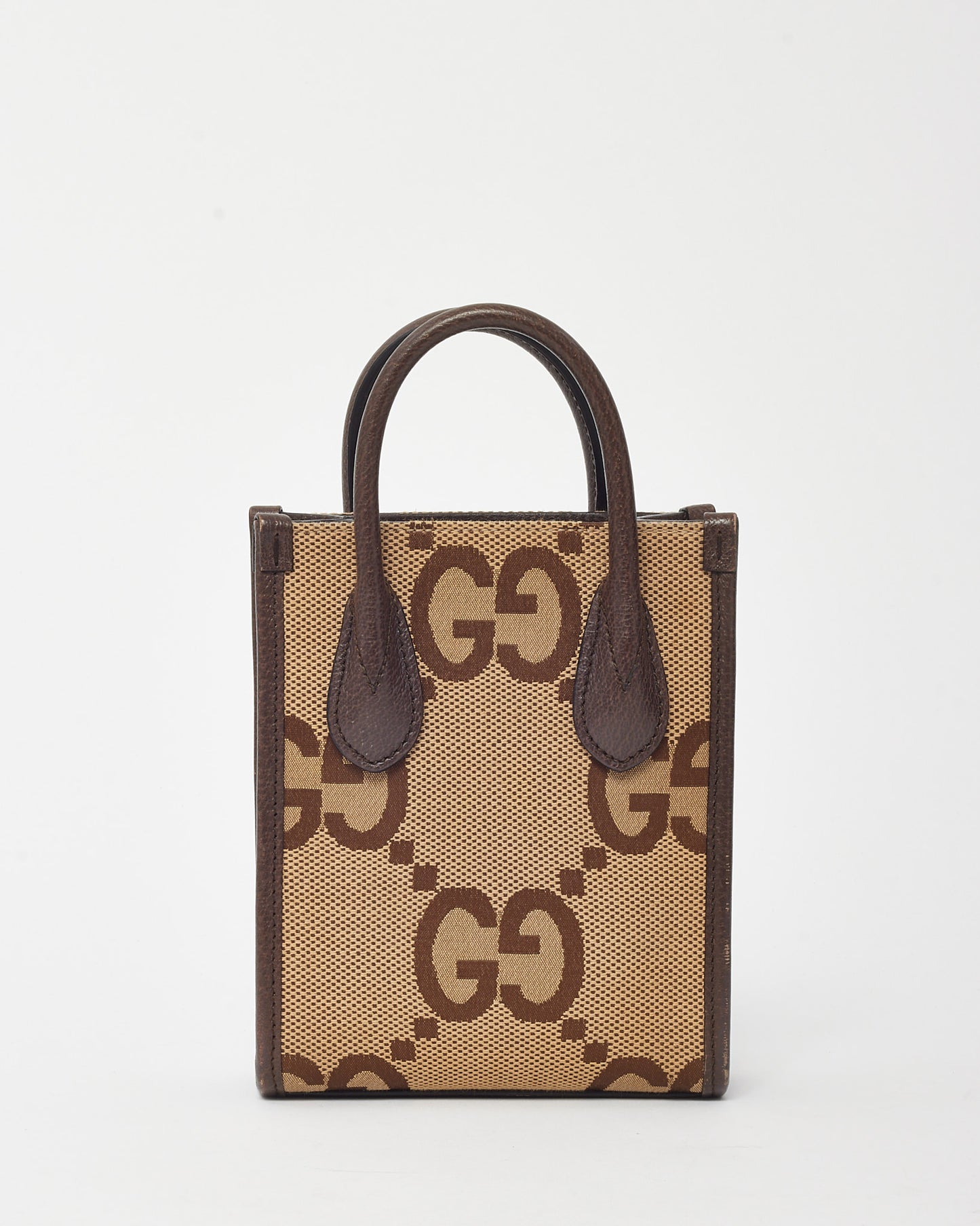 Gucci Beige and Brown Jumbo GG Monogram Canvas Mini 2Way Tote with Web Strap