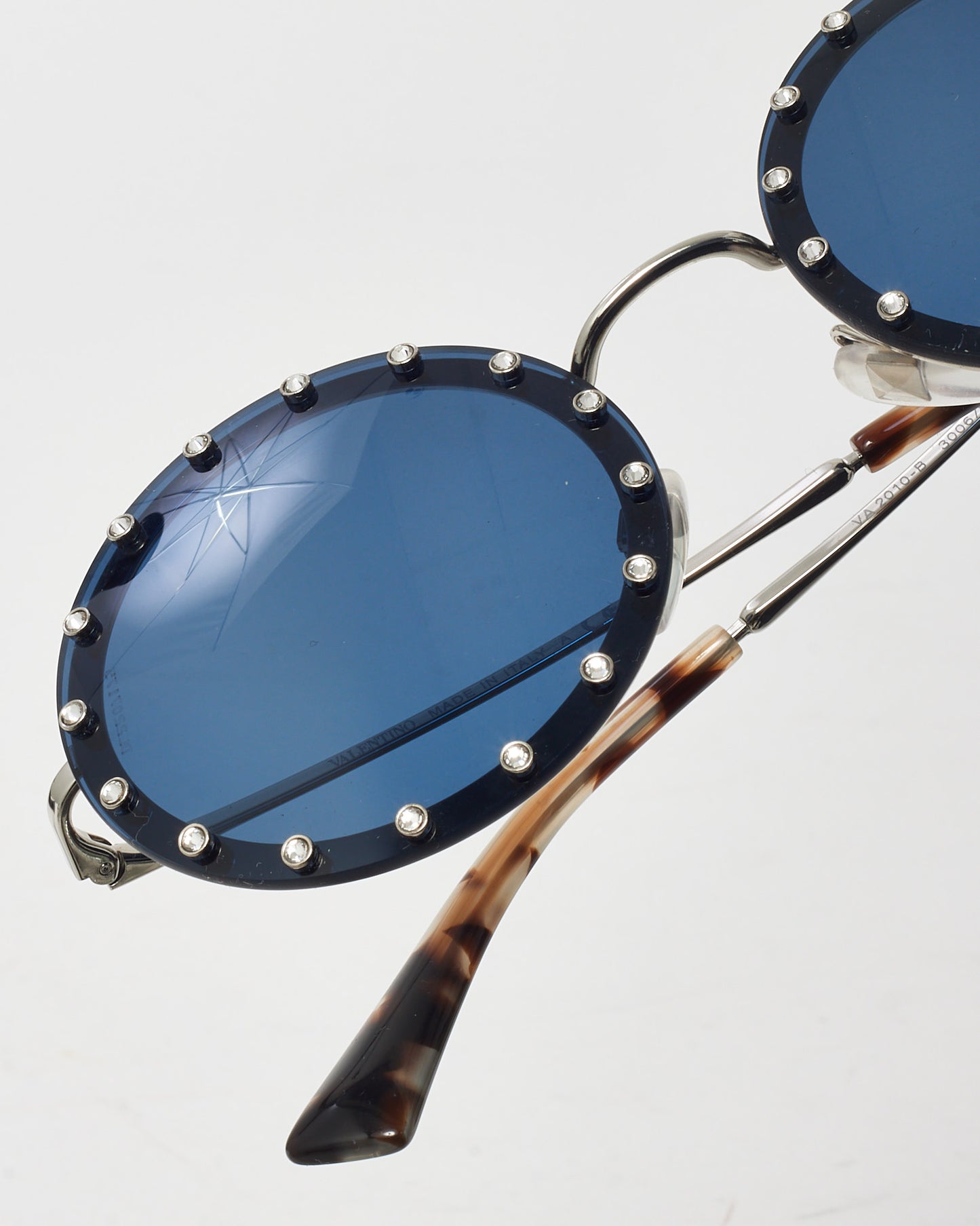 Valentino Black/Blue Lens Rhinestone Crystal Embellished Round Sunglasses VA2010/B