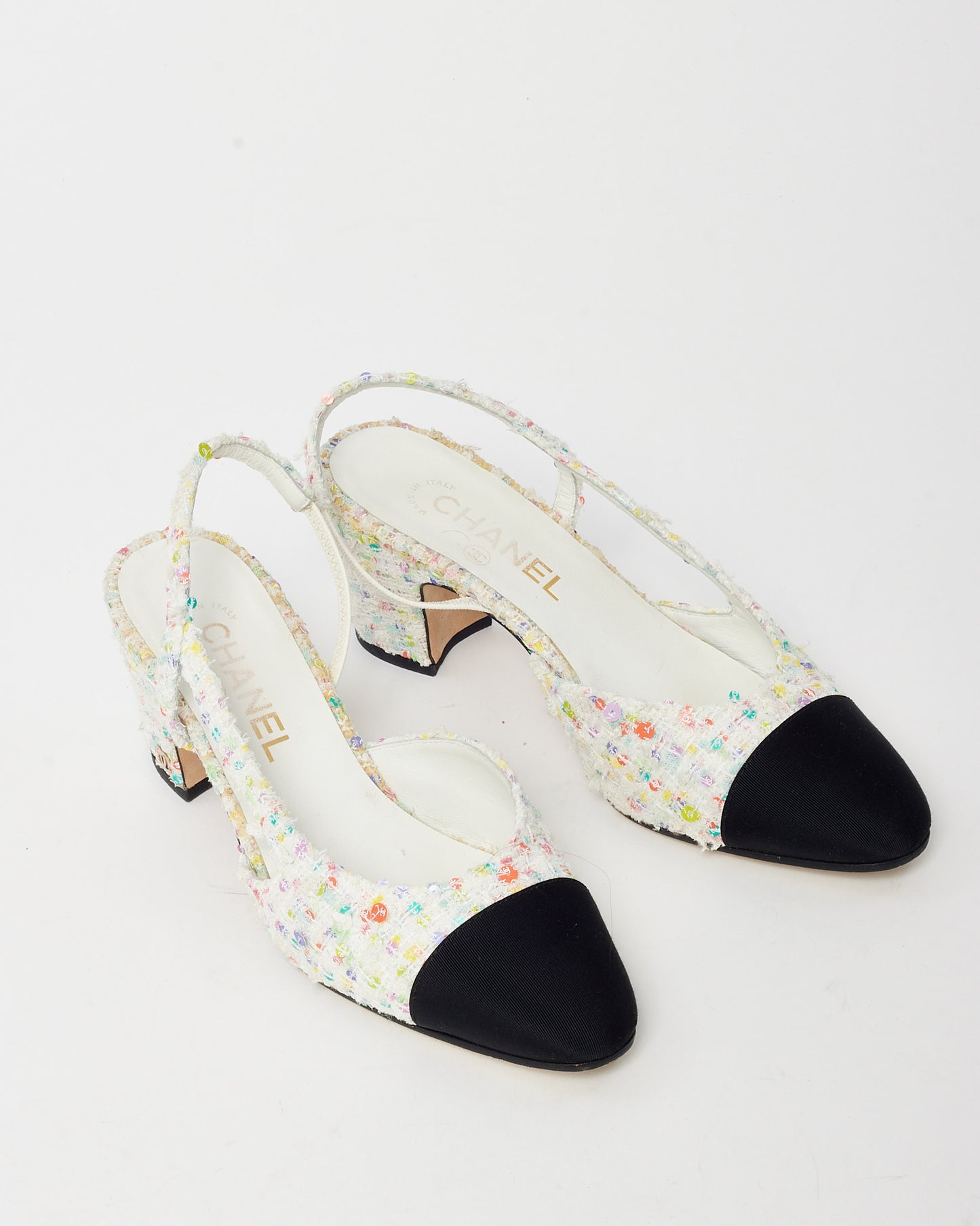 Chanel White & Multicolor Tweed Sequin Block Heel Slingback Pumps - 38C
