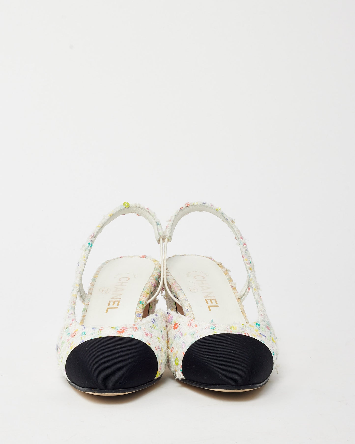 Chanel White & Multicolor Tweed Sequin Block Heel Slingback Pumps - 38C