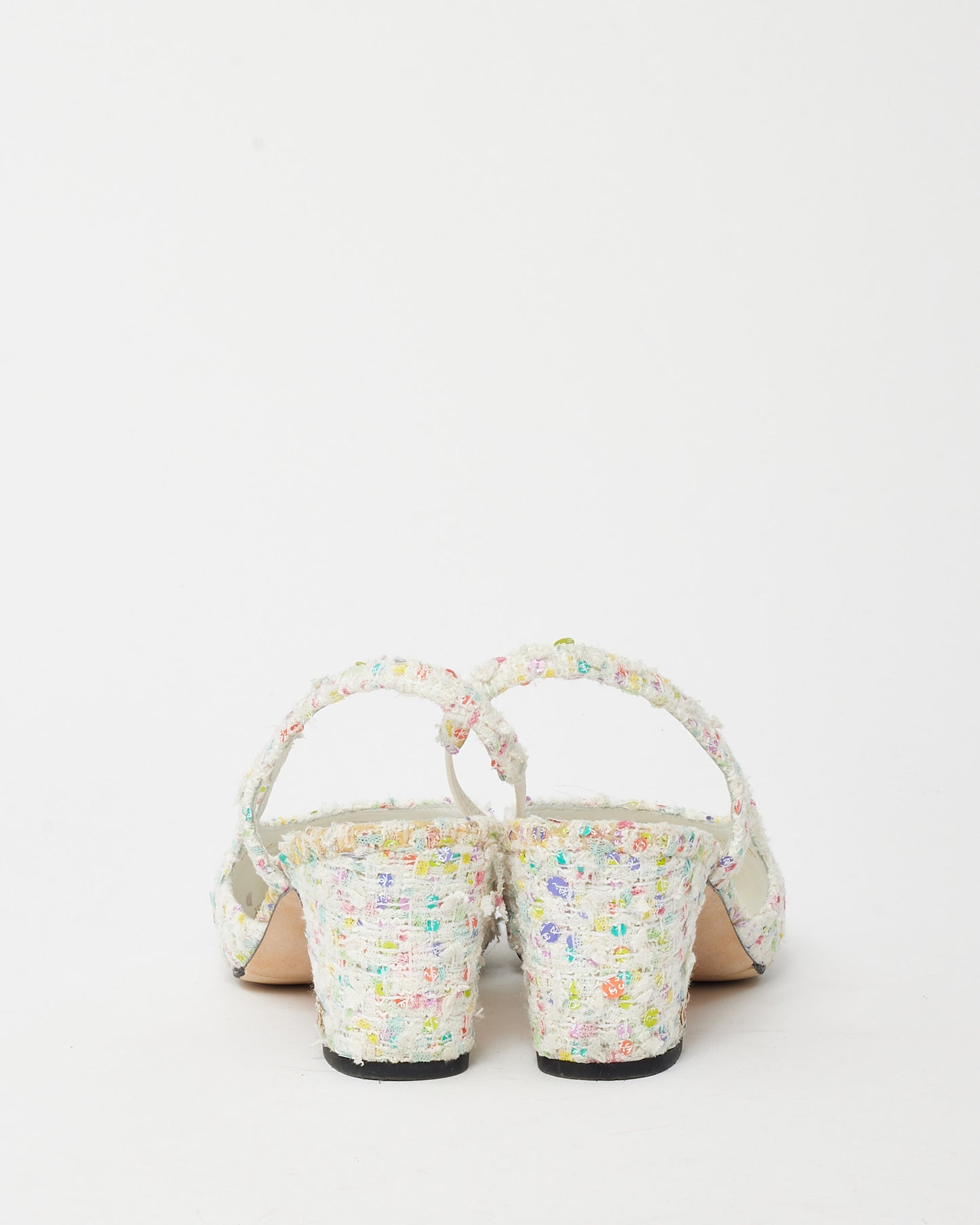 Chanel White & Multicolor Tweed Sequin Block Heel Slingback Pumps - 38C