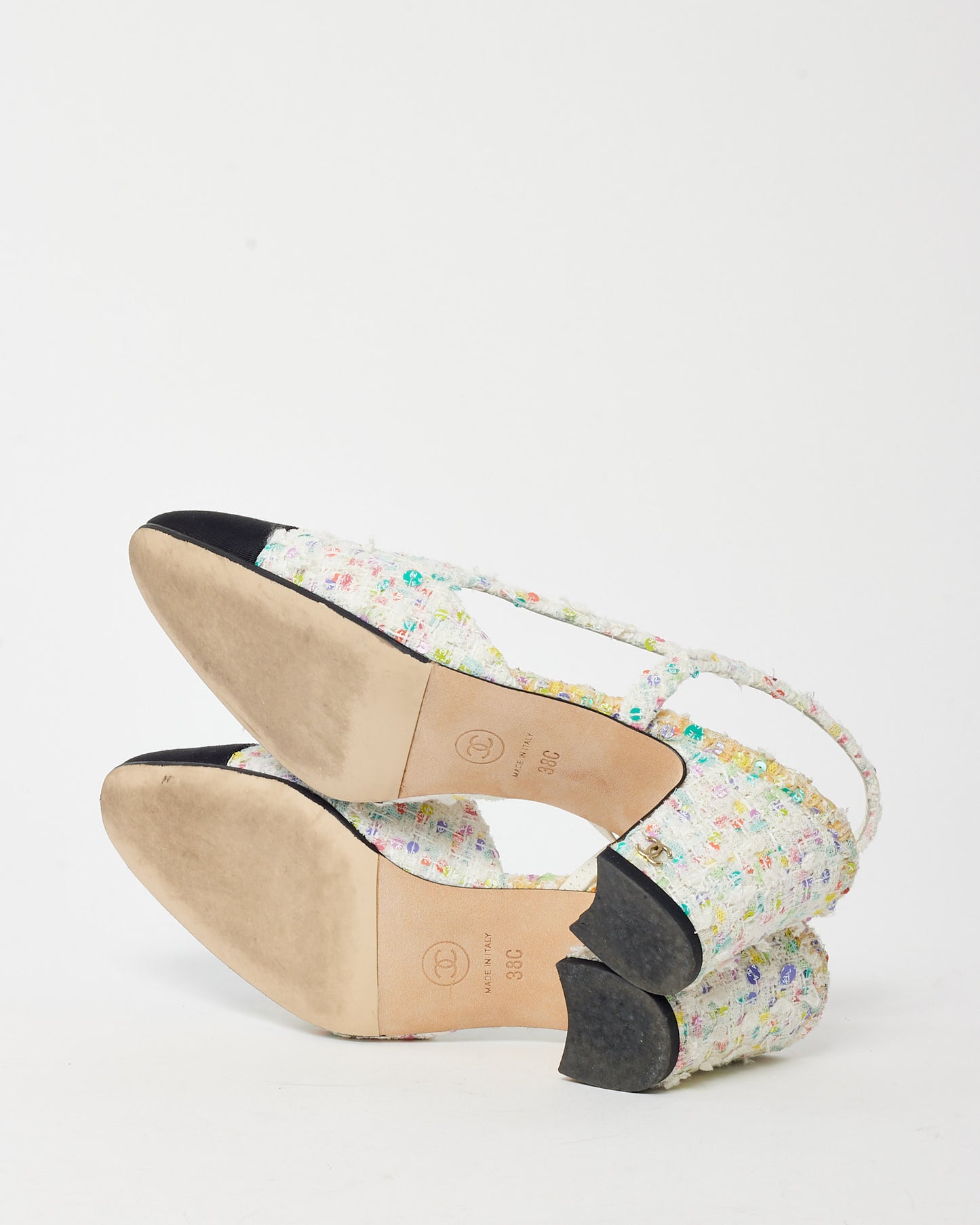 Chanel White & Multicolor Tweed Sequin Block Heel Slingback Pumps - 38C
