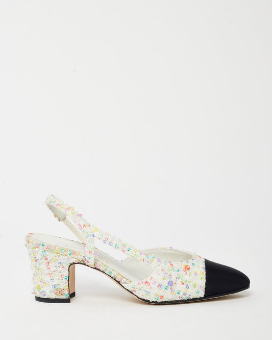 Chanel White & Multicolor Tweed Sequin Block Heel Slingback Pumps - 38C