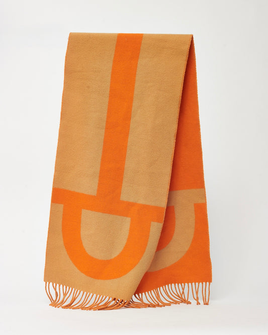 Hermès Tan and Orange Cashmere Casaque Grand Mors Muffler Scarf