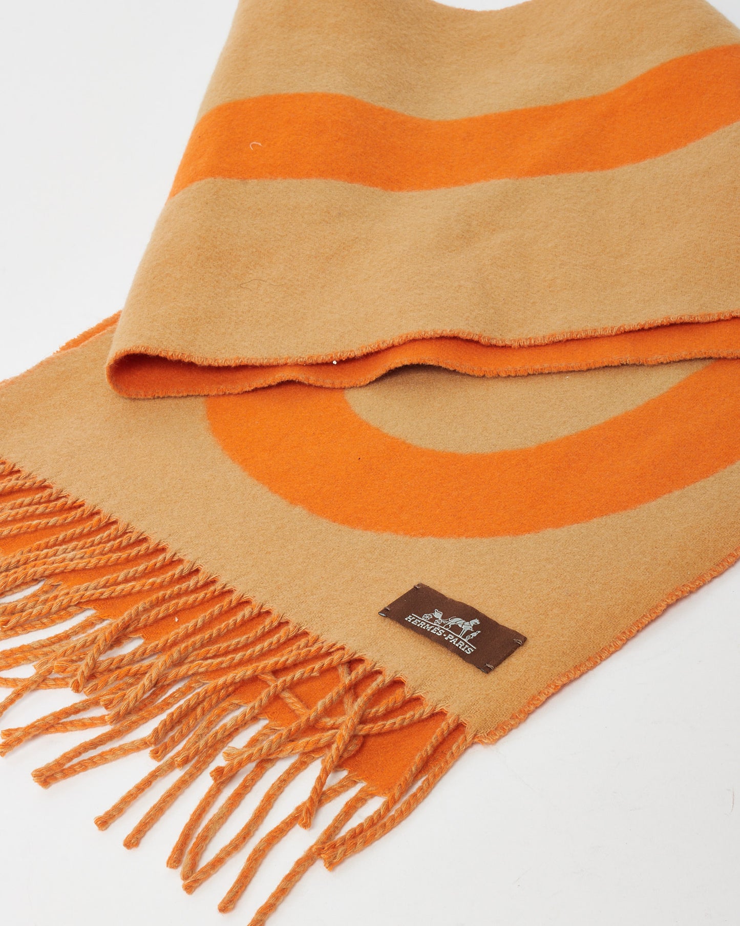 Hermès Tan and Orange Cashmere Casaque Grand Mors Muffler Scarf