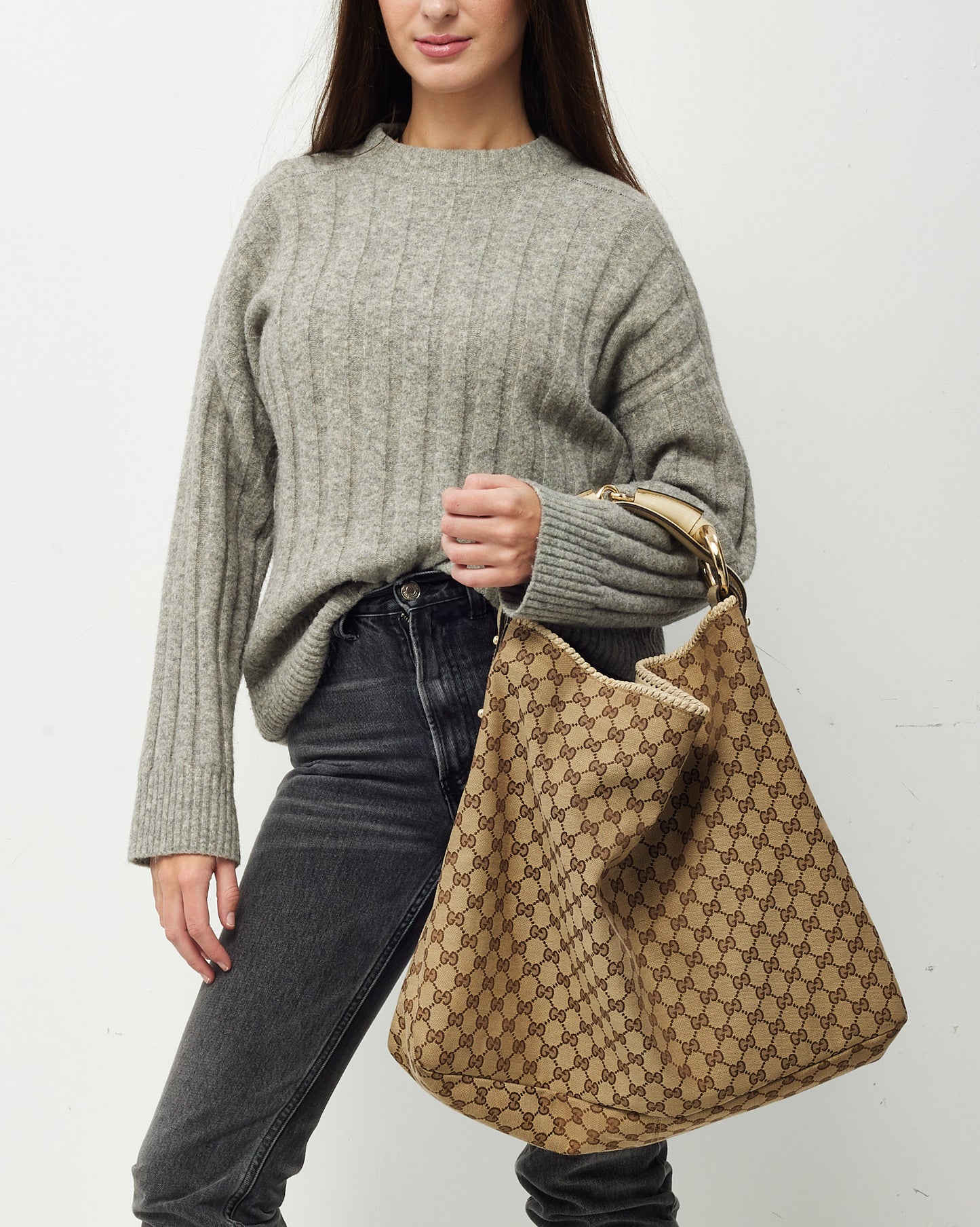 Gucci Beige and Brown GG Monogram Canvas White Leather Horsebit Hobo Shoulder Bag