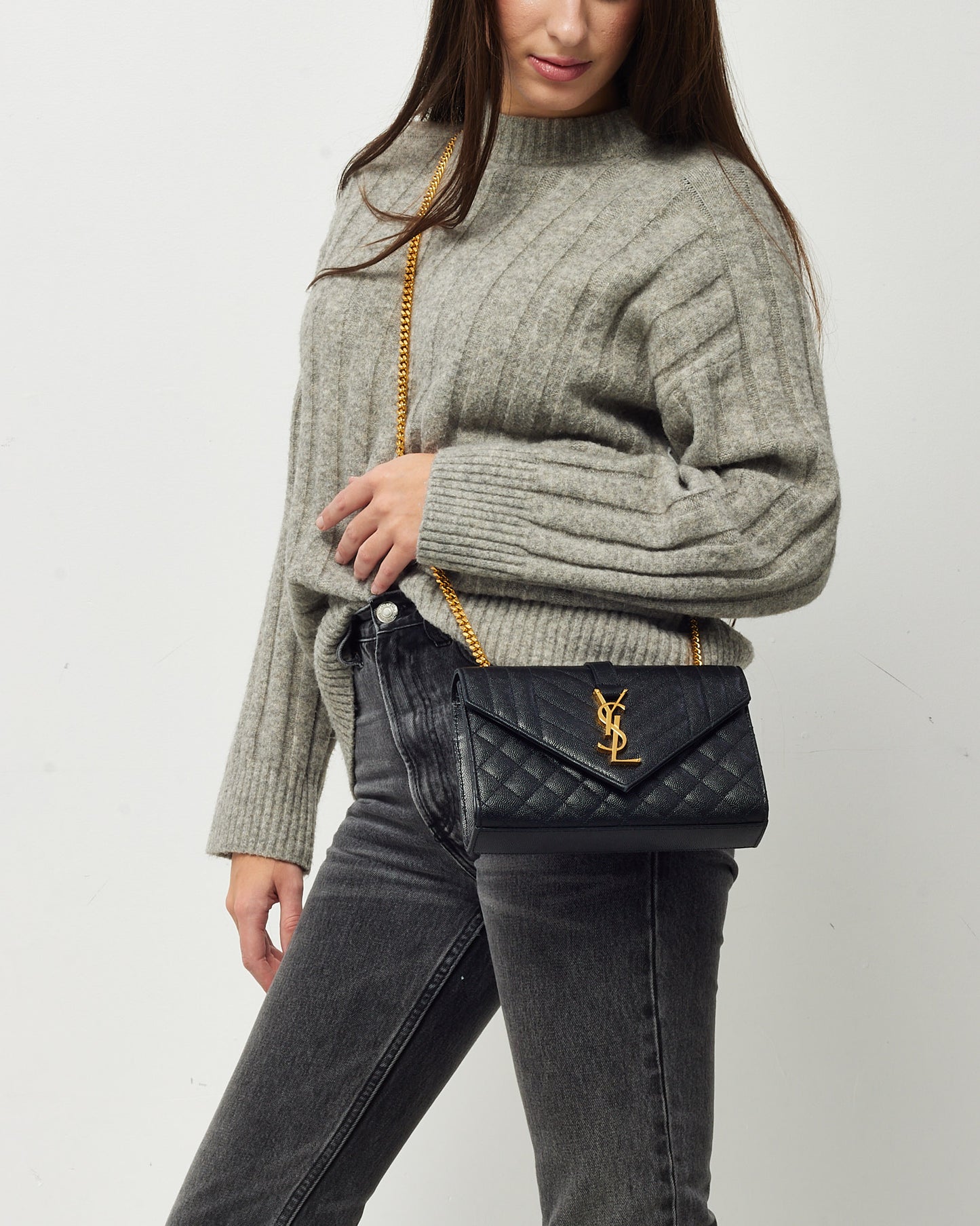 Saint Laurent Black Quilted Grain de Poudre YSL Small Envelope Bag GHW