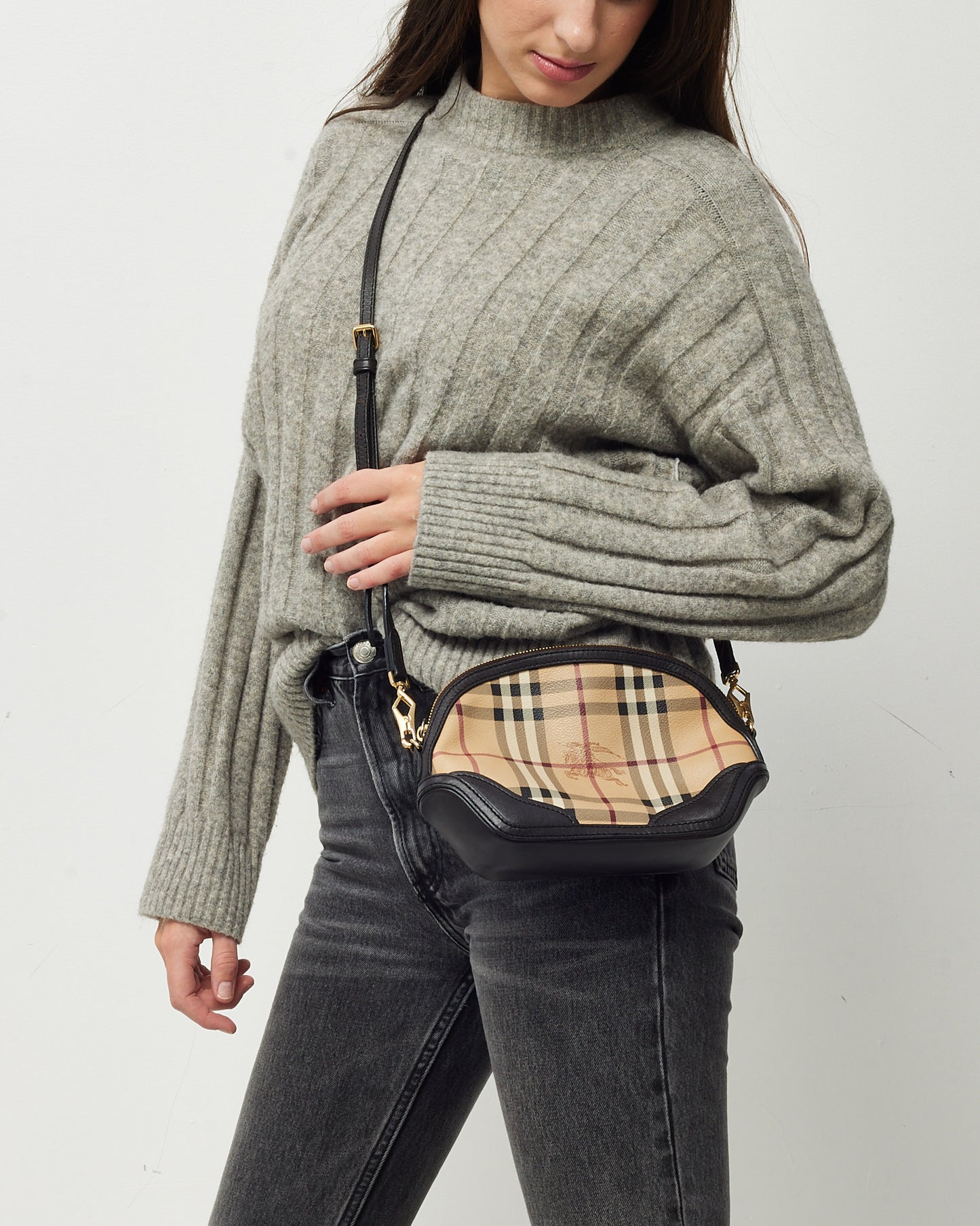 Burberry Brown Leather and Haymarket Check Coated Canvas Orchard Crossbody Bag